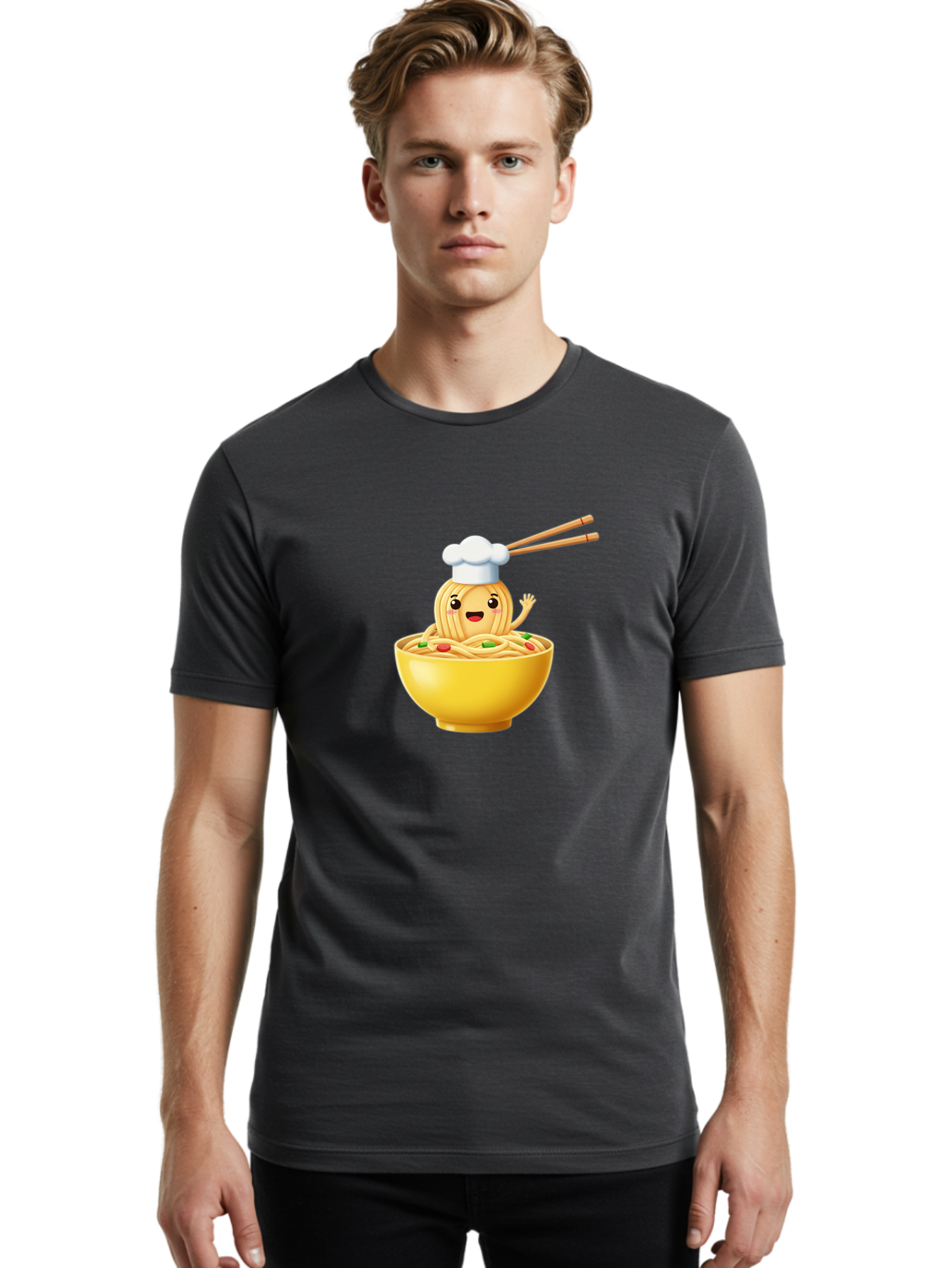 Noodle-Character-In-Yellow-Bowl Men'S Graphic Tee, 100% Cotton, Comfortable Casual Summer Wear, Machine Washable, Cartoon Noodles, Chef Hat, Chopsticks, Smiling Face, Waving Hand, Yellow Bowl, Green Peas, Red Peppers, Funny Character, Bae567 17