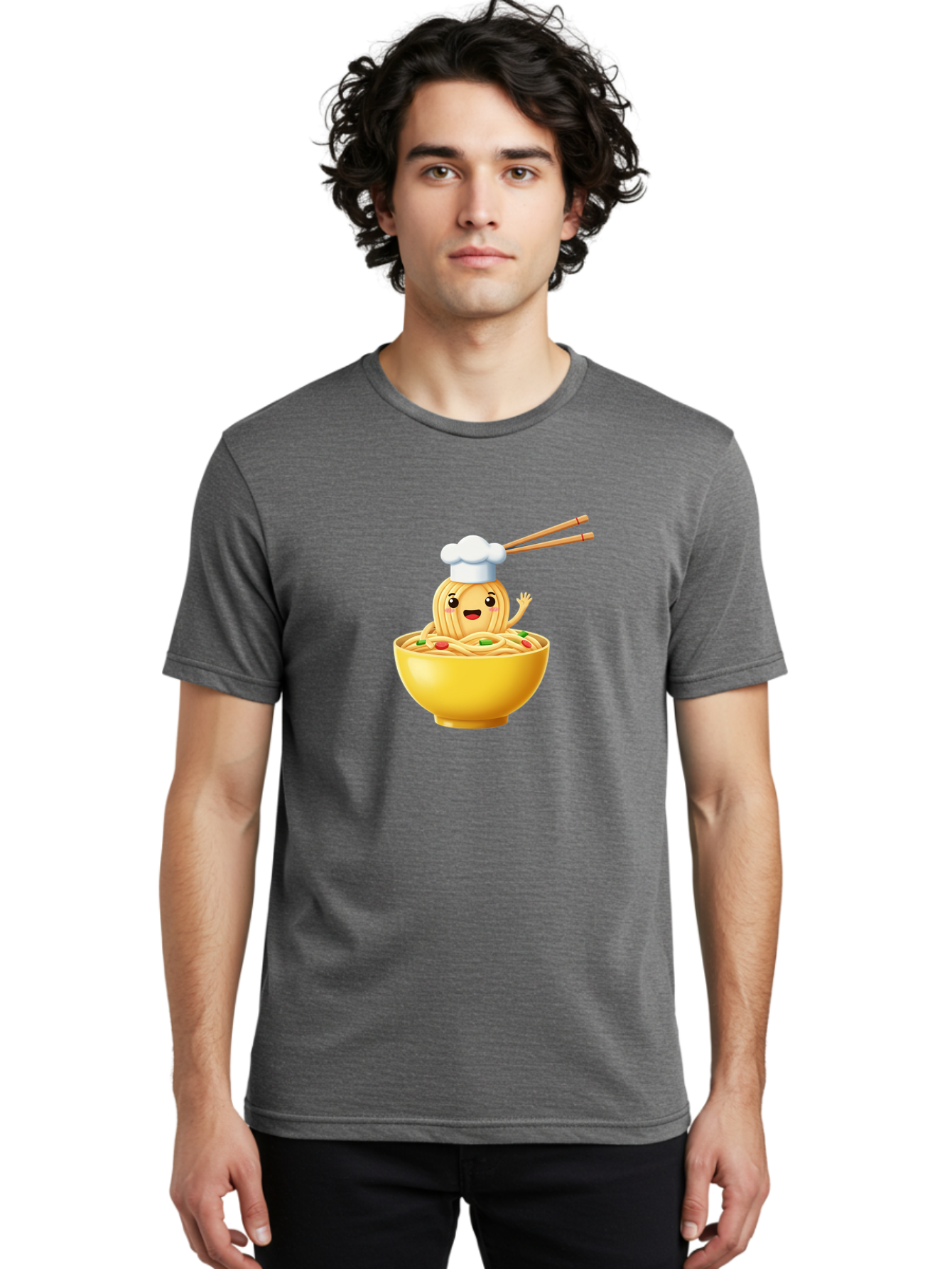 Noodle-Character-In-Yellow-Bowl Men'S Graphic Tee, 100% Cotton, Comfortable Casual Summer Wear, Machine Washable, Cartoon Noodles, Chef Hat, Chopsticks, Smiling Face, Waving Hand, Yellow Bowl, Green Peas, Red Peppers, Funny Character, Bae567 24