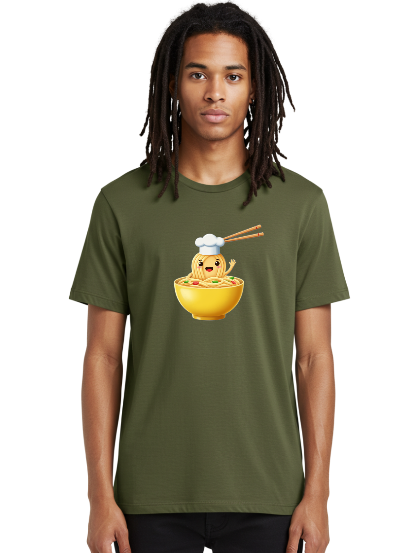 Noodle-Character-In-Yellow-Bowl Men'S Graphic Tee, 100% Cotton, Comfortable Casual Summer Wear, Machine Washable, Cartoon Noodles, Chef Hat, Chopsticks, Smiling Face, Waving Hand, Yellow Bowl, Green Peas, Red Peppers, Funny Character, Bae567 28
