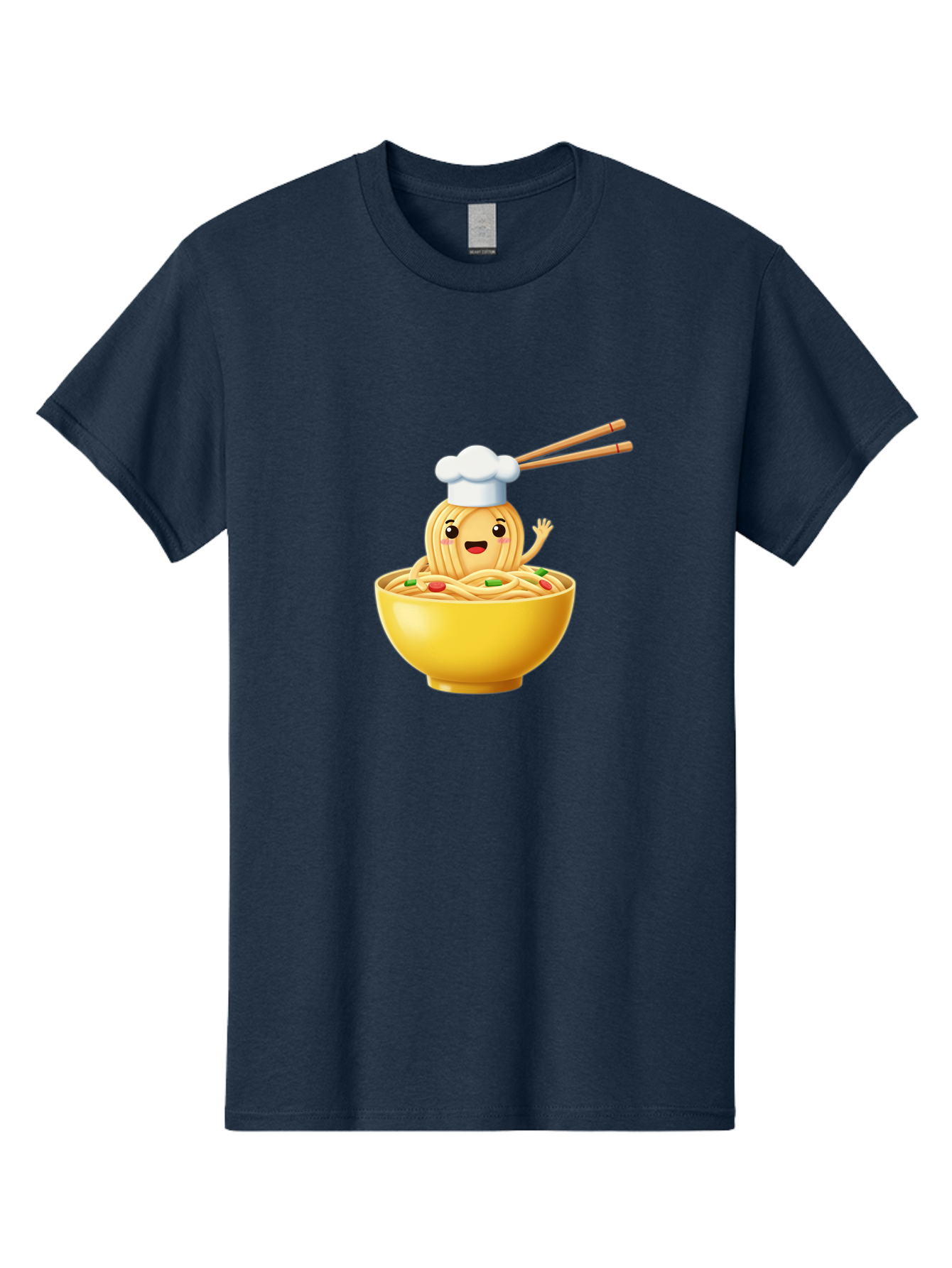 Noodle-Character-In-Yellow-Bowl Men'S Graphic Tee, 100% Cotton, Comfortable Casual Summer Wear, Machine Washable, Cartoon Noodles, Chef Hat, Chopsticks, Smiling Face, Waving Hand, Yellow Bowl, Green Peas, Red Peppers, Funny Character, Bae567 12