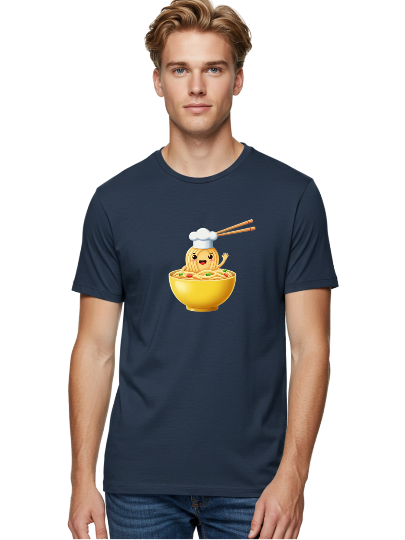 Noodle-Character-In-Yellow-Bowl Men'S Graphic Tee, 100% Cotton, Comfortable Casual Summer Wear, Machine Washable, Cartoon Noodles, Chef Hat, Chopsticks, Smiling Face, Waving Hand, Yellow Bowl, Green Peas, Red Peppers, Funny Character, Bae567 27