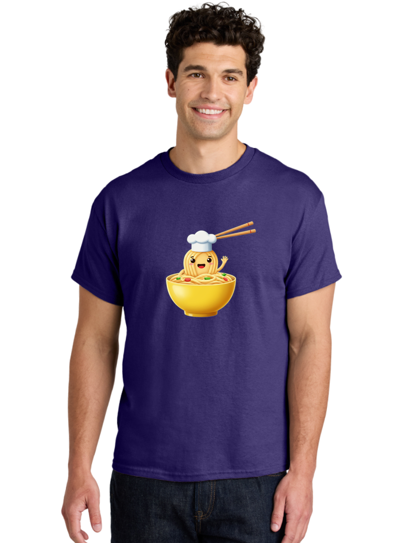 Noodle-Character-In-Yellow-Bowl Men'S Graphic Tee, 100% Cotton, Comfortable Casual Summer Wear, Machine Washable, Cartoon Noodles, Chef Hat, Chopsticks, Smiling Face, Waving Hand, Yellow Bowl, Green Peas, Red Peppers, Funny Character, Bae567 22