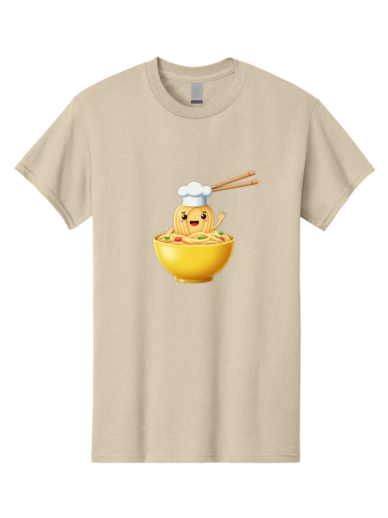 Noodle-Character-In-Yellow-Bowl Men'S Graphic Tee, 100% Cotton, Comfortable Casual Summer Wear, Machine Washable, Cartoon Noodles, Chef Hat, Chopsticks, Smiling Face, Waving Hand, Yellow Bowl, Green Peas, Red Peppers, Funny Character, Bae567 10