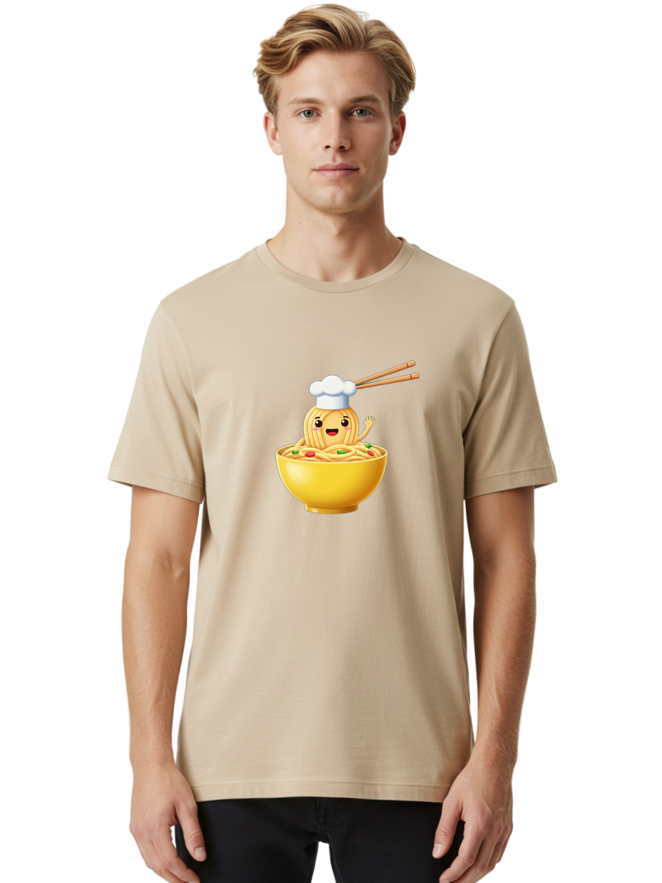 Noodle-Character-In-Yellow-Bowl Men'S Graphic Tee, 100% Cotton, Comfortable Casual Summer Wear, Machine Washable, Cartoon Noodles, Chef Hat, Chopsticks, Smiling Face, Waving Hand, Yellow Bowl, Green Peas, Red Peppers, Funny Character, Bae567 25