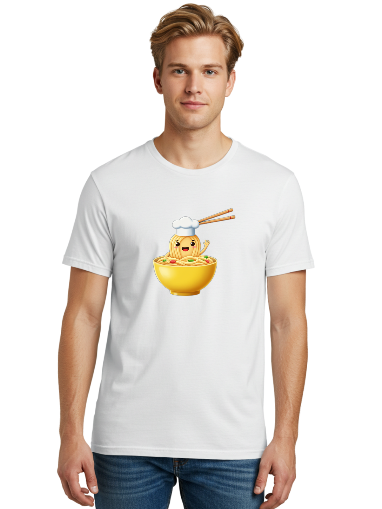 Noodle-Character-In-Yellow-Bowl Men'S Graphic Tee, 100% Cotton, Comfortable Casual Summer Wear, Machine Washable, Cartoon Noodles, Chef Hat, Chopsticks, Smiling Face, Waving Hand, Yellow Bowl, Green Peas, Red Peppers, Funny Character, Bae567 29