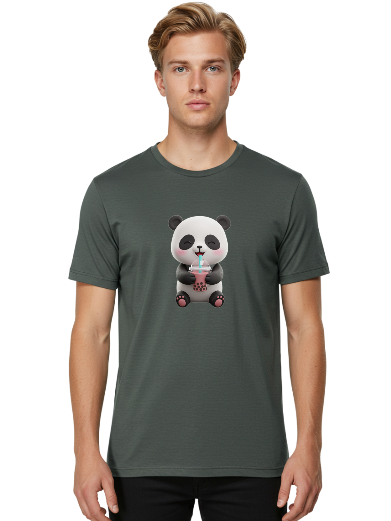 Panda-Drinking-Boba-1 Men'S Graphic Tee, 100% Cotton, Comfortable Casual Summer Wear, Machine Washable, Cartoon Panda, Boba Tea, Pink Drink, Blue Straw, Happy Panda, Kawaii Character, Adorable Bear, Cute Animal, Tea Time, Boba Lover Bae575 21