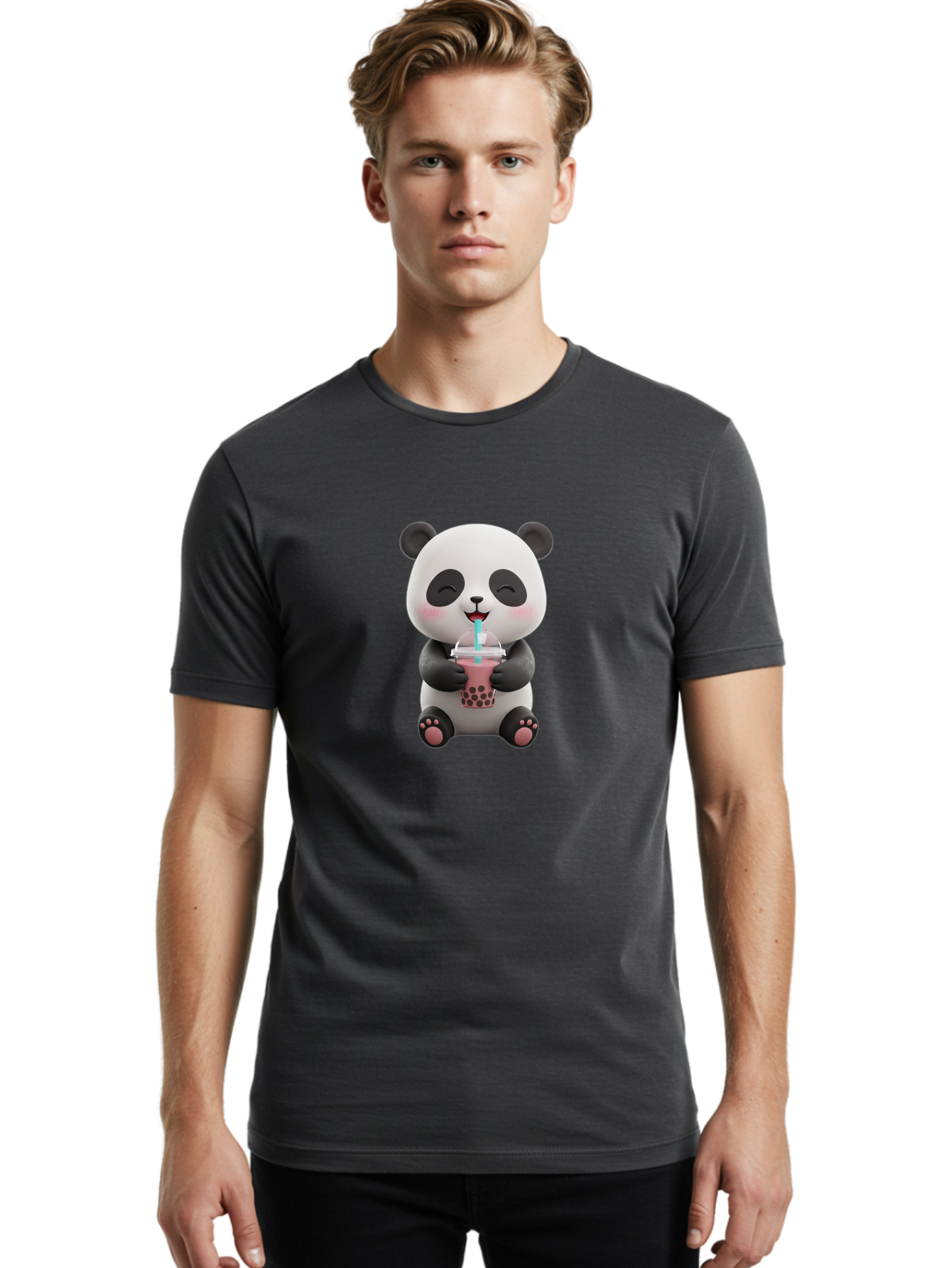 Panda-Drinking-Boba-1 Men'S Graphic Tee, 100% Cotton, Comfortable Casual Summer Wear, Machine Washable, Cartoon Panda, Boba Tea, Pink Drink, Blue Straw, Happy Panda, Kawaii Character, Adorable Bear, Cute Animal, Tea Time, Boba Lover Bae575 16