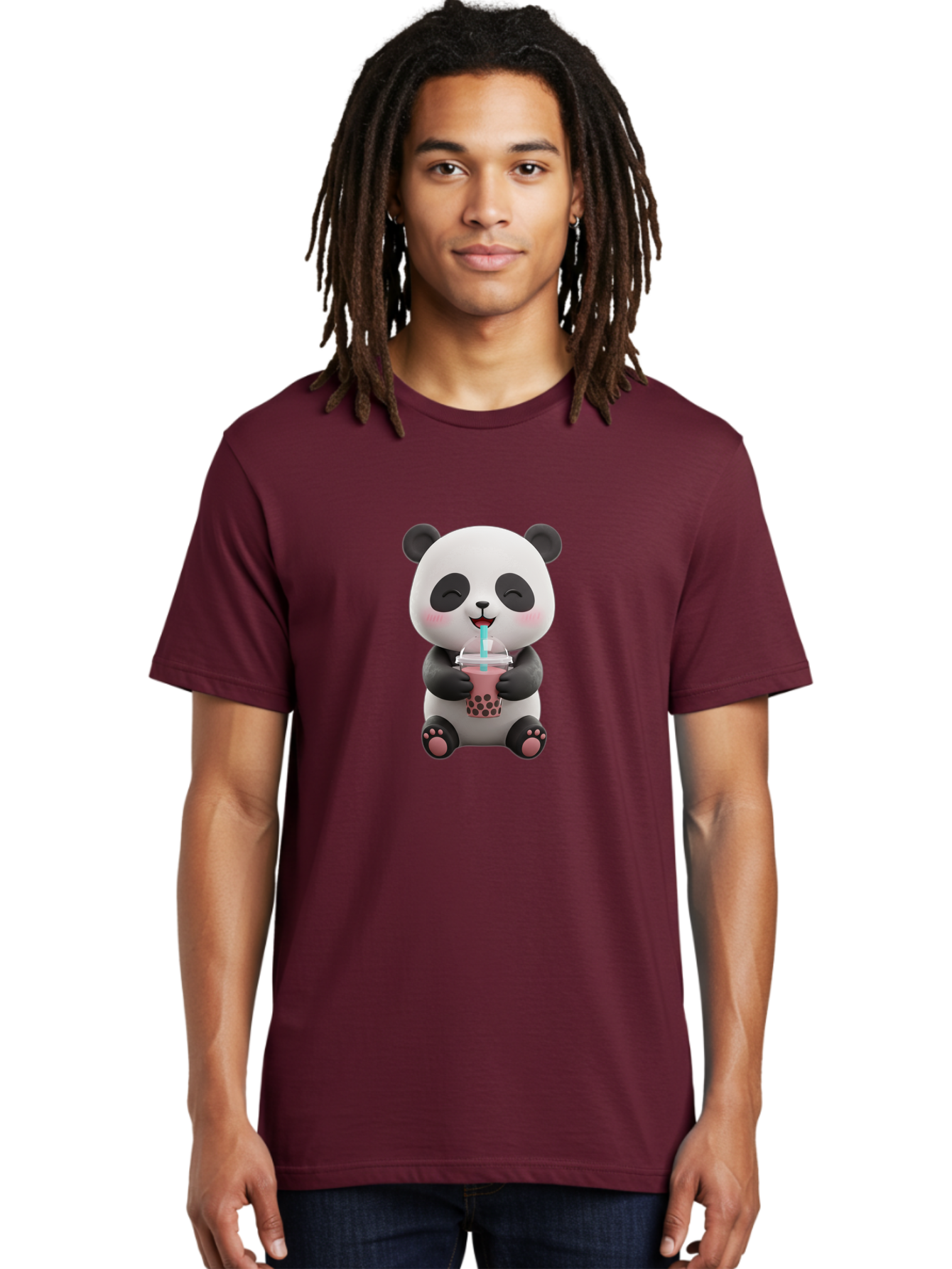 Panda-Drinking-Boba-1 Men'S Graphic Tee, 100% Cotton, Comfortable Casual Summer Wear, Machine Washable, Cartoon Panda, Boba Tea, Pink Drink, Blue Straw, Happy Panda, Kawaii Character, Adorable Bear, Cute Animal, Tea Time, Boba Lover Bae575 28