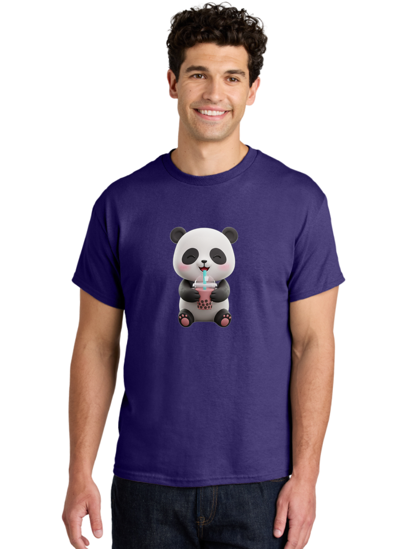 Panda-Drinking-Boba-1 Men'S Graphic Tee, 100% Cotton, Comfortable Casual Summer Wear, Machine Washable, Cartoon Panda, Boba Tea, Pink Drink, Blue Straw, Happy Panda, Kawaii Character, Adorable Bear, Cute Animal, Tea Time, Boba Lover Bae575 19