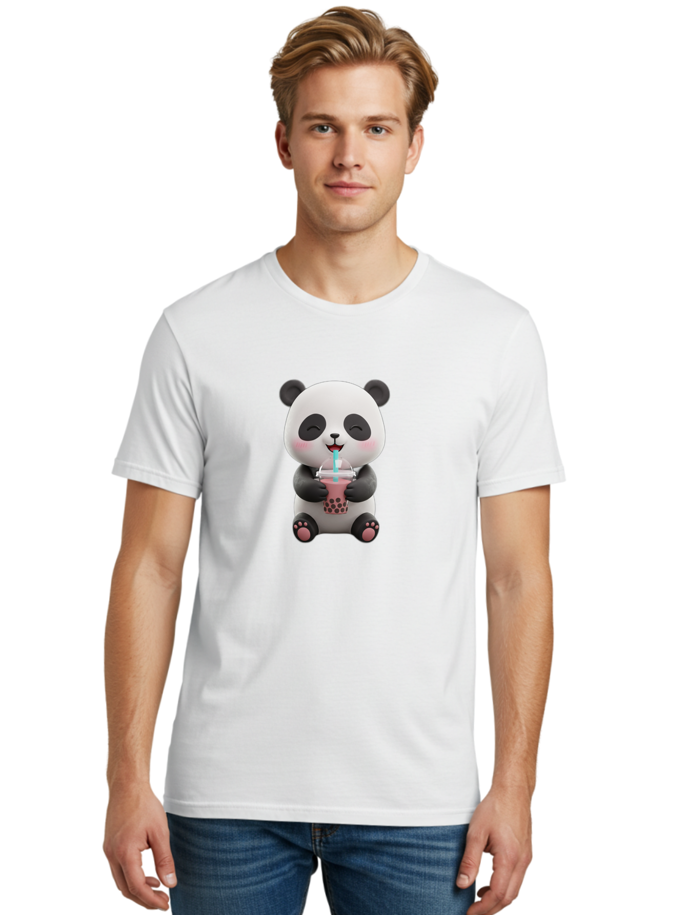 Panda-Drinking-Boba-1 Men'S Graphic Tee, 100% Cotton, Comfortable Casual Summer Wear, Machine Washable, Cartoon Panda, Boba Tea, Pink Drink, Blue Straw, Happy Panda, Kawaii Character, Adorable Bear, Cute Animal, Tea Time, Boba Lover Bae575 30