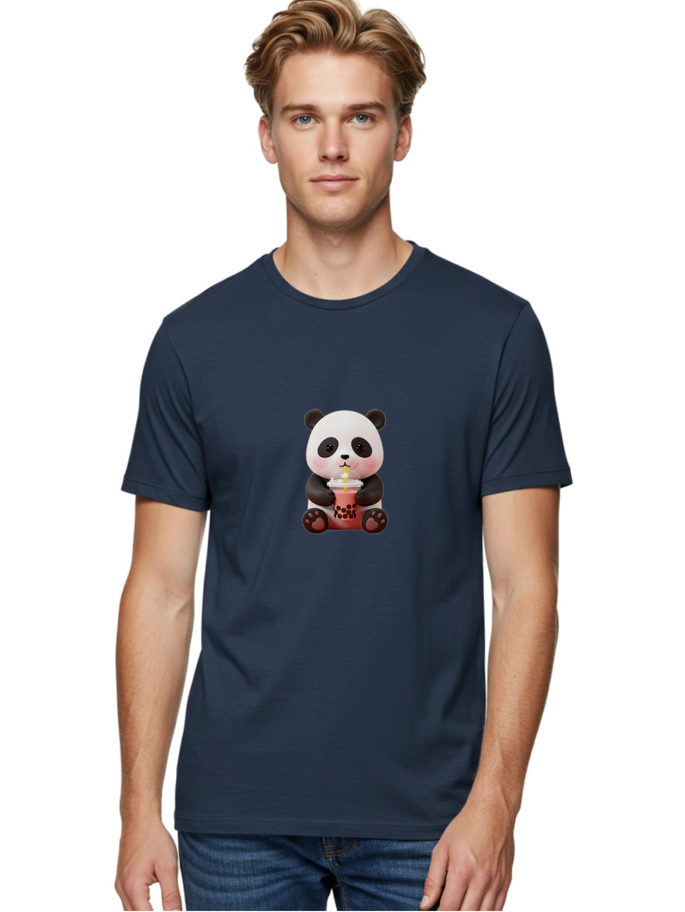 Panda-Drinking-Bubble-Tea-2 Men'S Graphic Tee, 100% Cotton, Comfortable Casual Summer Wear, Machine Washable, Panda, Bubble Tea, Boba, Cartoon Character, Cute Animal, Funny Illustration, Drinking Straw, Kawaii, Asian Culture, Adorable Panda, Bae579 30