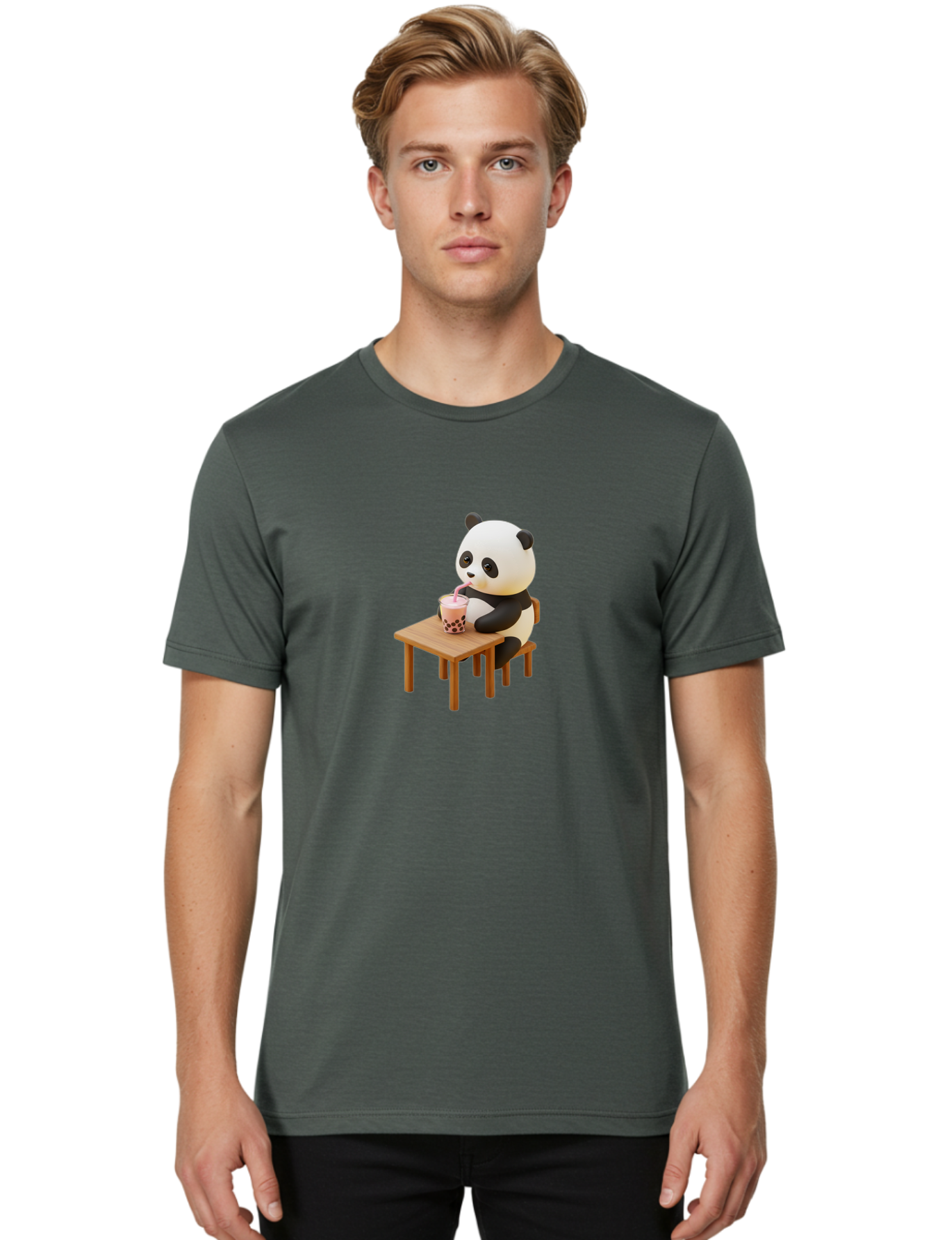 Panda-Drinking-Bubble-Tea-3 Men'S Graphic Tee, 100% Cotton, Comfortable Casual Summer Wear, Machine Washable, Cartoon Panda, Drinking Boba Tea, Adorable Animal, Cute Character, Bubble Tea, Funny Illustration, 3D Rendering, Panda Bear, Bae580 23