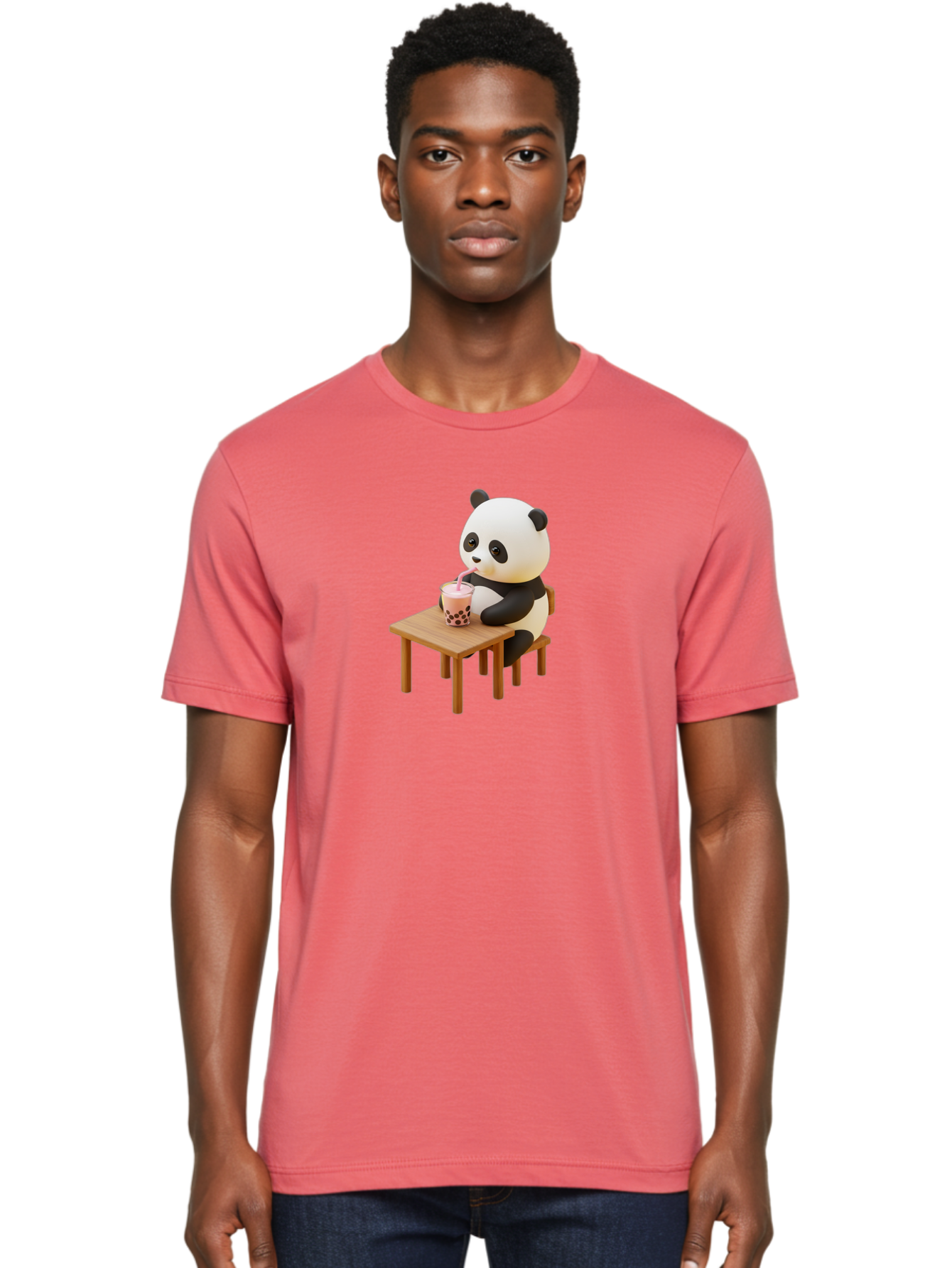 Panda-Drinking-Bubble-Tea-3 Men'S Graphic Tee, 100% Cotton, Comfortable Casual Summer Wear, Machine Washable, Cartoon Panda, Drinking Boba Tea, Adorable Animal, Cute Character, Bubble Tea, Funny Illustration, 3D Rendering, Panda Bear, Bae580 24