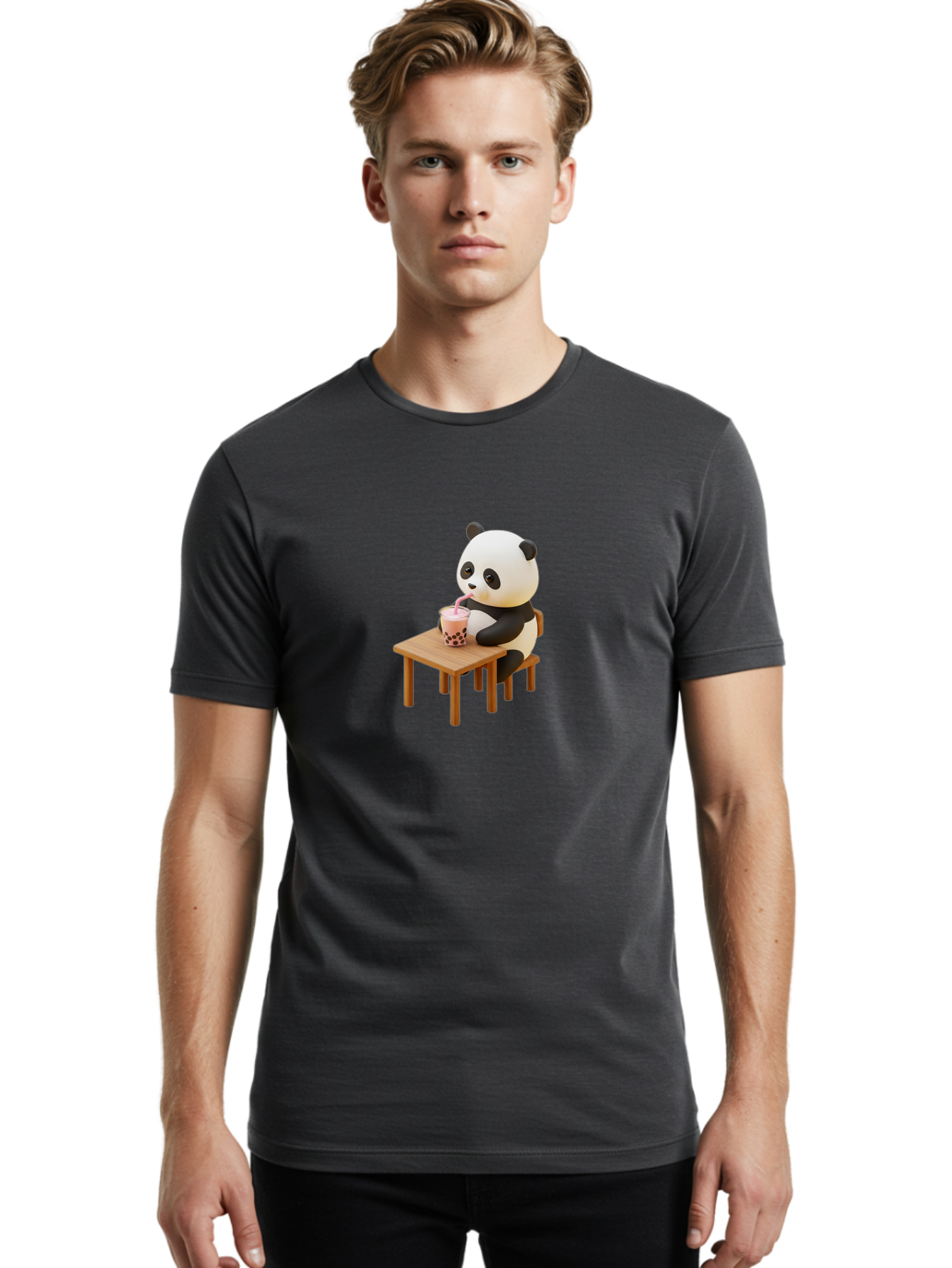 Panda-Drinking-Bubble-Tea-3 Men'S Graphic Tee, 100% Cotton, Comfortable Casual Summer Wear, Machine Washable, Cartoon Panda, Drinking Boba Tea, Adorable Animal, Cute Character, Bubble Tea, Funny Illustration, 3D Rendering, Panda Bear, Bae580 18