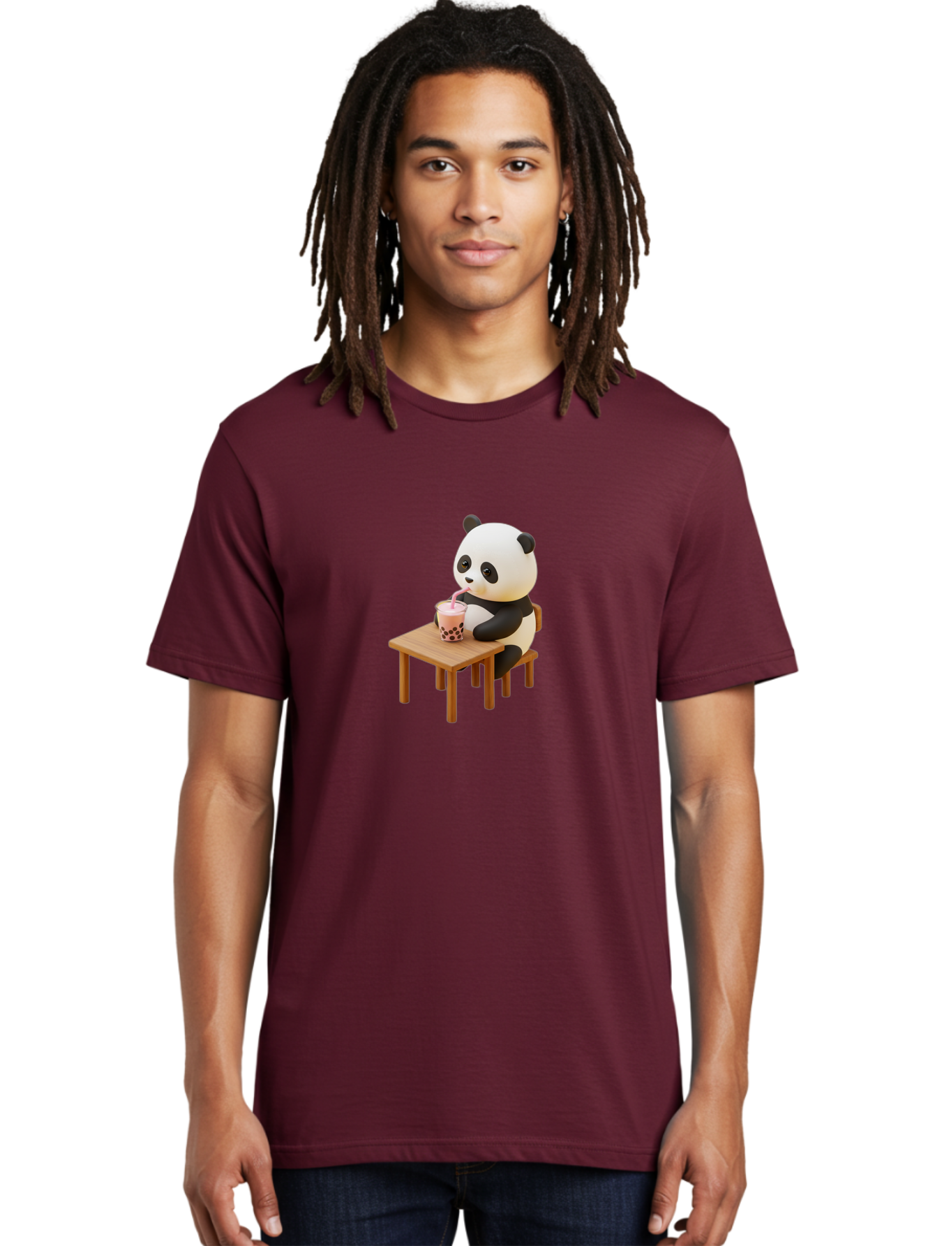 Panda-Drinking-Bubble-Tea-3 Men'S Graphic Tee, 100% Cotton, Comfortable Casual Summer Wear, Machine Washable, Cartoon Panda, Drinking Boba Tea, Adorable Animal, Cute Character, Bubble Tea, Funny Illustration, 3D Rendering, Panda Bear, Bae580 25