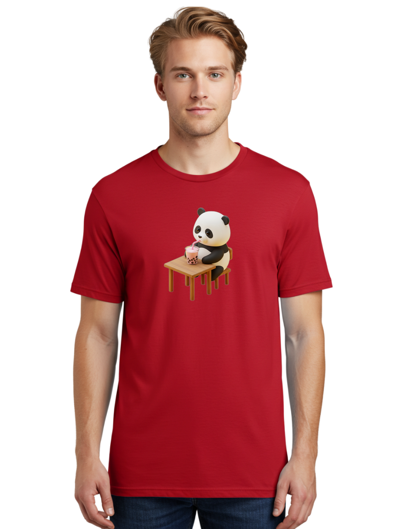 Panda-Drinking-Bubble-Tea-3 Men'S Graphic Tee, 100% Cotton, Comfortable Casual Summer Wear, Machine Washable, Cartoon Panda, Drinking Boba Tea, Adorable Animal, Cute Character, Bubble Tea, Funny Illustration, 3D Rendering, Panda Bear, Bae580 20