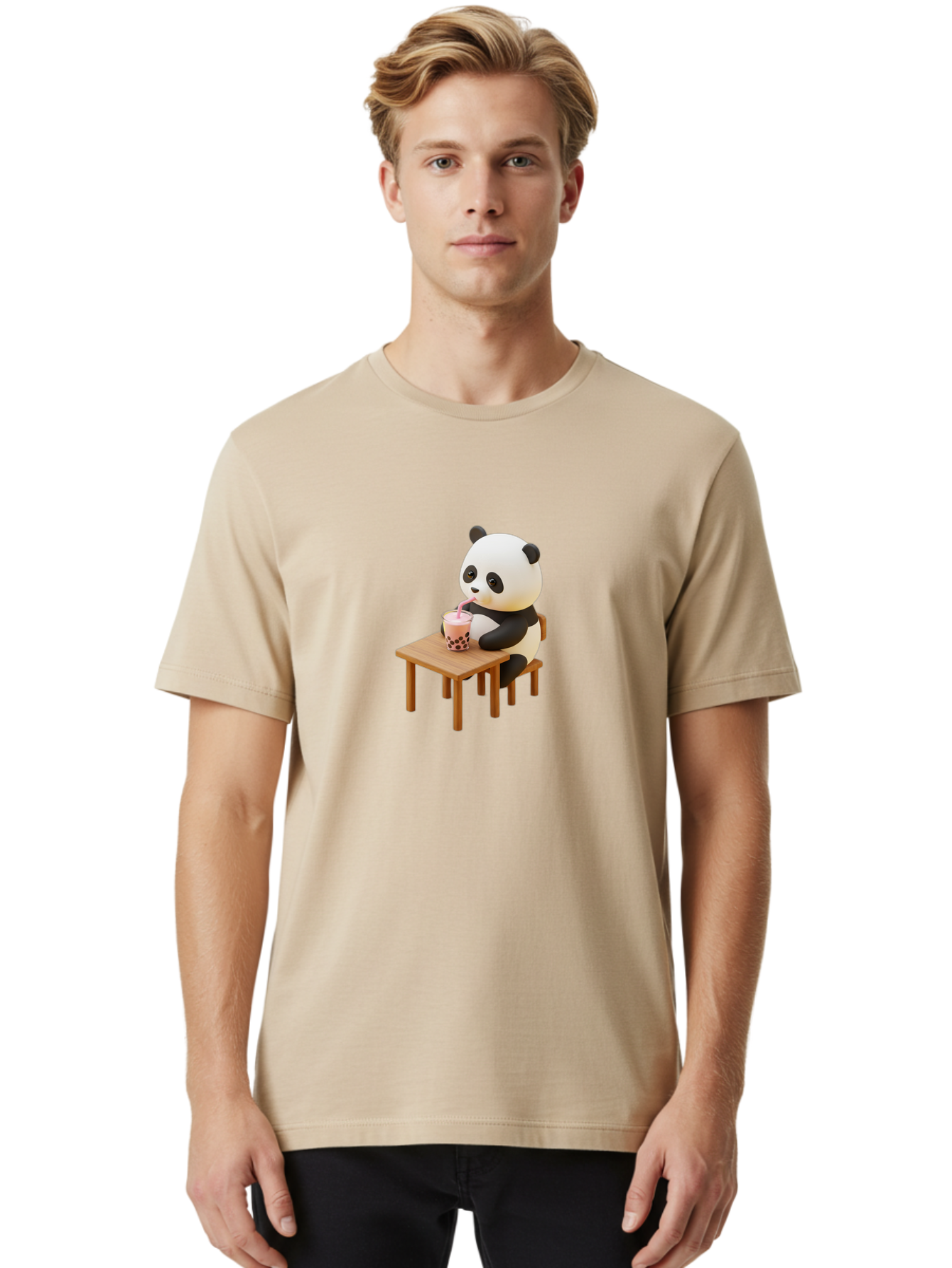 Panda-Drinking-Bubble-Tea-3 Men'S Graphic Tee, 100% Cotton, Comfortable Casual Summer Wear, Machine Washable, Cartoon Panda, Drinking Boba Tea, Adorable Animal, Cute Character, Bubble Tea, Funny Illustration, 3D Rendering, Panda Bear, Bae580 21