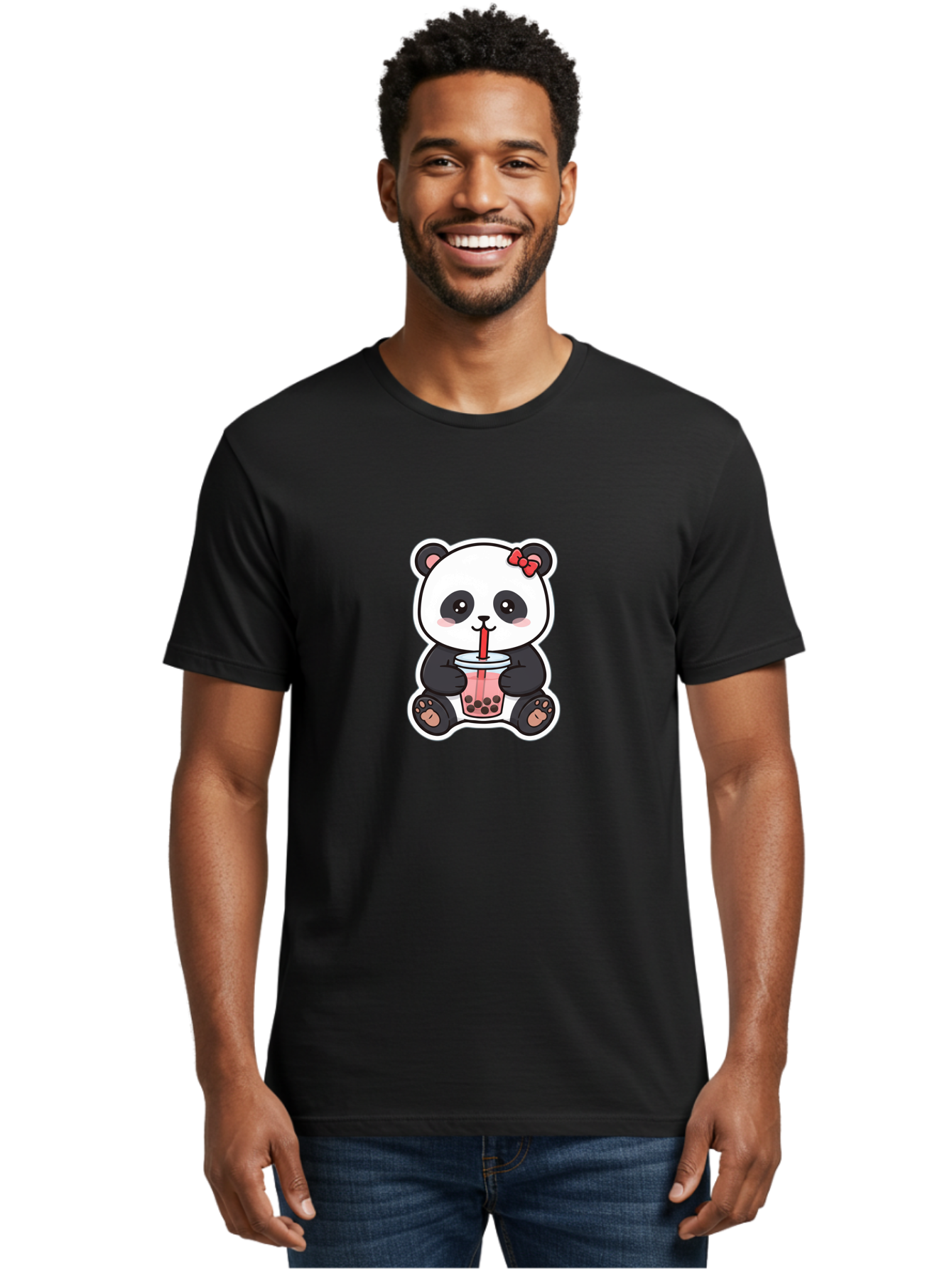 Panda-Drinking-Bubble-Tea Men'S Graphic Tee, 100% Cotton, Comfortable Casual Summer Wear, Machine Washable, Cute Panda, Boba Tea, Bubble Tea, Kawaii Character, Adorable Animal, Pink Drink, Red Straw, Boba Lover, Cartoon Style Bae583 26