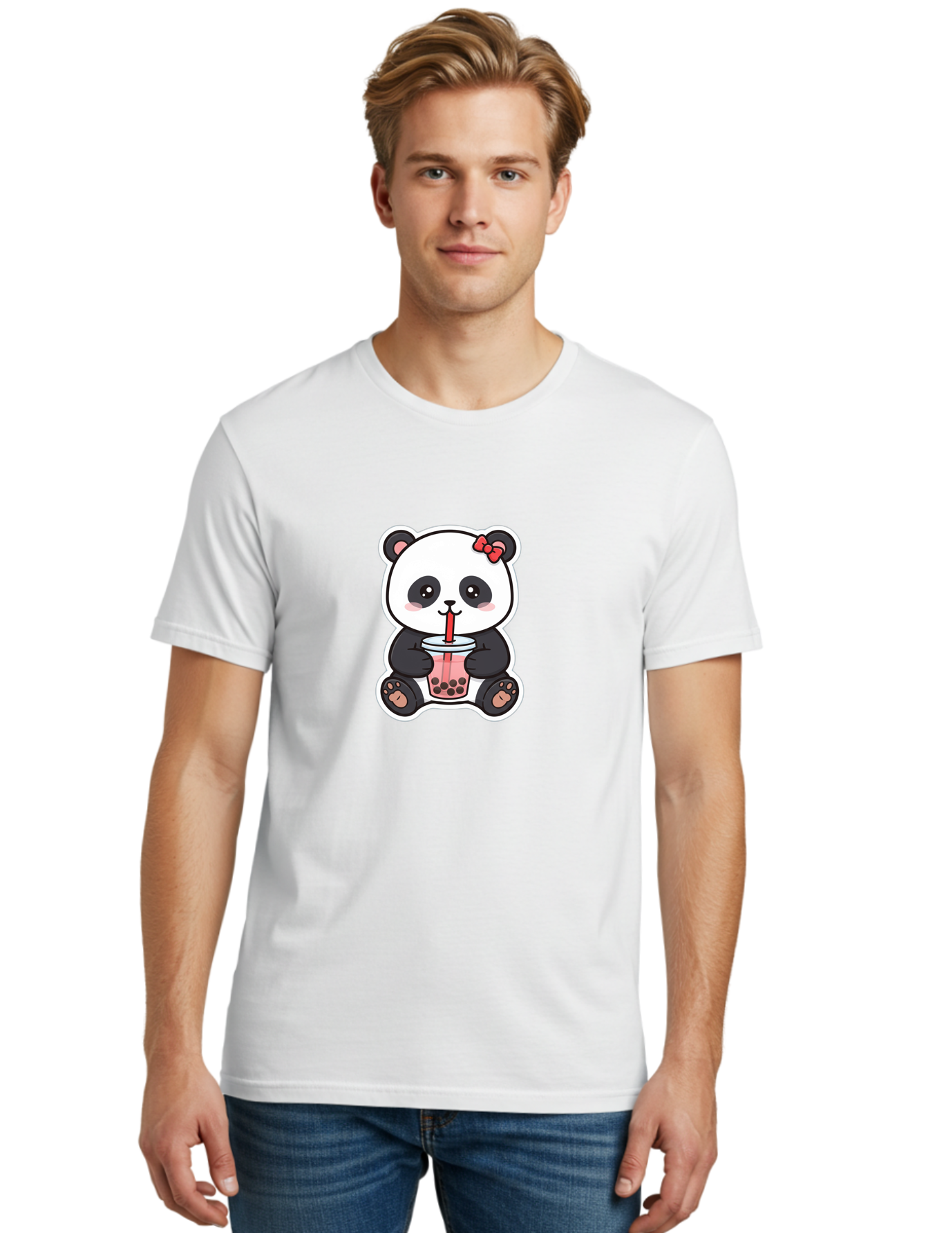 Panda-Drinking-Bubble-Tea Men'S Graphic Tee, 100% Cotton, Comfortable Casual Summer Wear, Machine Washable, Cute Panda, Boba Tea, Bubble Tea, Kawaii Character, Adorable Animal, Pink Drink, Red Straw, Boba Lover, Cartoon Style Bae583 20