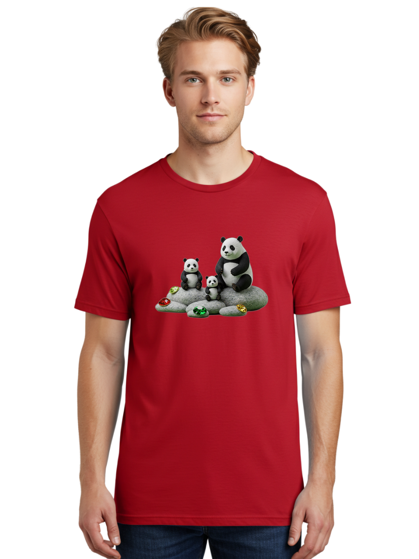 Panda-Family-5 Men'S Graphic Tee, 100% Cotton, Comfortable Casual Summer Wear, Machine Washable, Panda Bear Family, Adorable Pandas, Cute Cubs, Black And White Fur, Gemstones, Decorative Stones, Playful Design, Cute Animal Art, Family Bonding Bae590 27