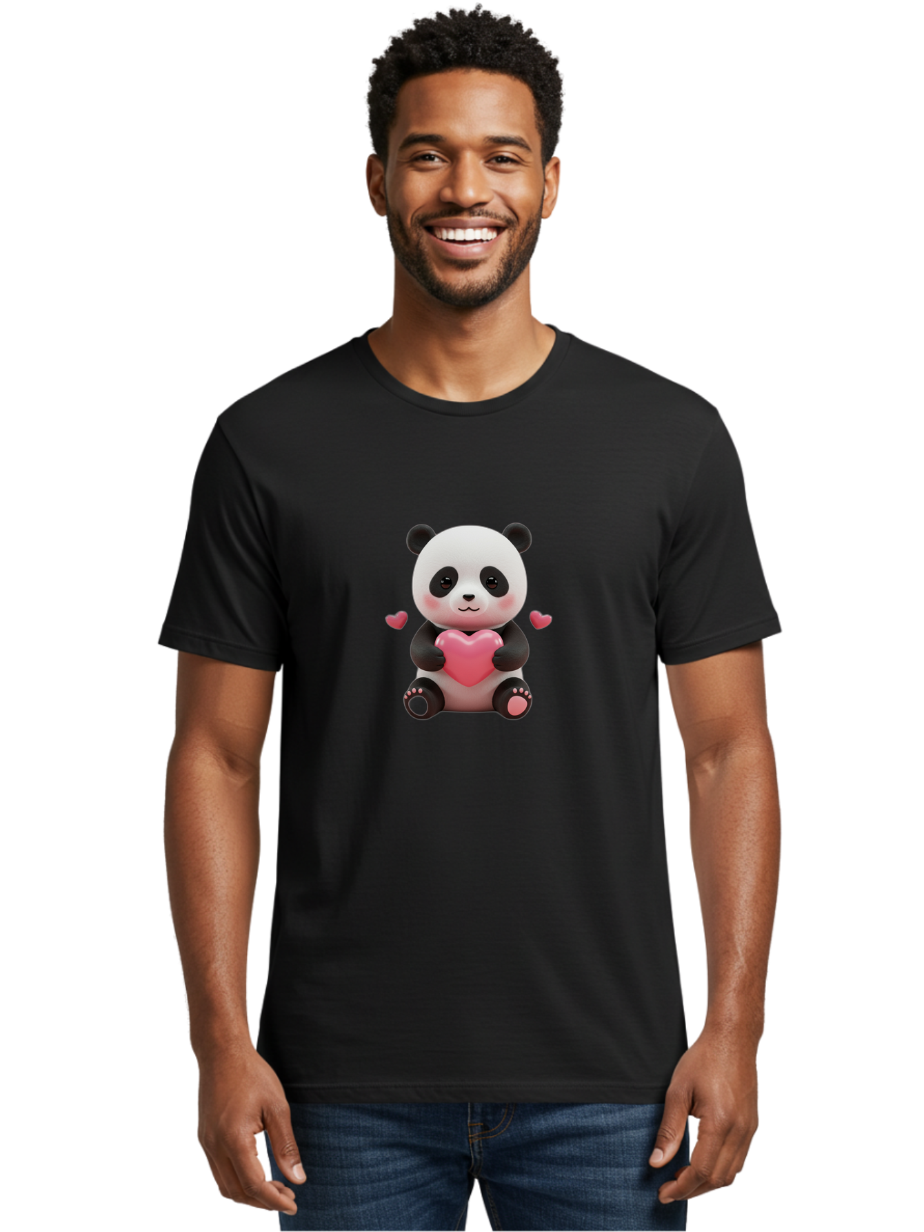 Panda-Holding-Heart-1 Men'S Graphic Tee, 100% Cotton, Comfortable Casual Summer Wear, Machine Washable, Cartoon Panda Holding Heart, Cute Panda Bear, Pink Hearts, Adorable Design, Kawaii Character, Love Symbol, Digital Illustration, Bae592 24