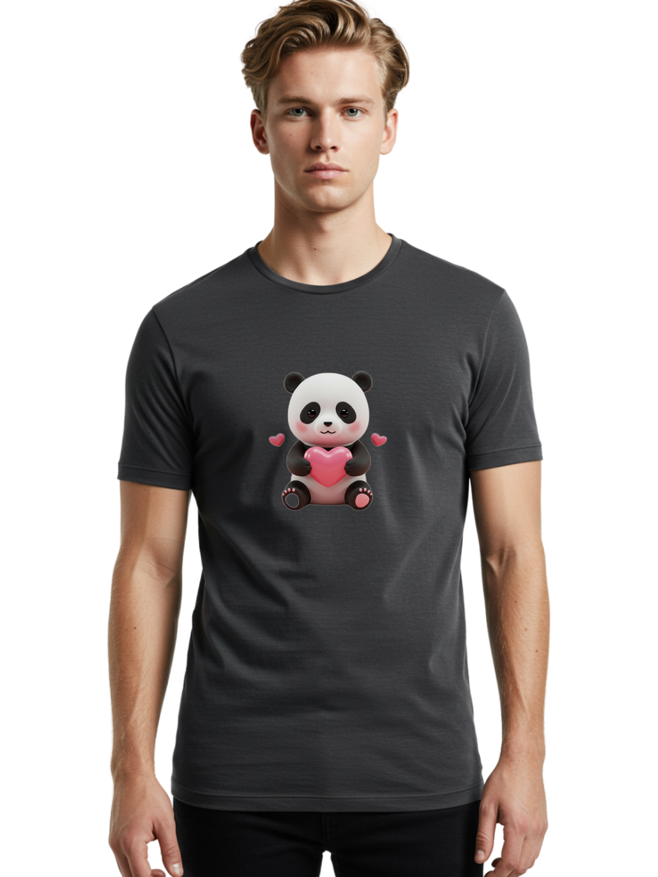 Panda-Holding-Heart-1 Men'S Graphic Tee, 100% Cotton, Comfortable Casual Summer Wear, Machine Washable, Cartoon Panda Holding Heart, Cute Panda Bear, Pink Hearts, Adorable Design, Kawaii Character, Love Symbol, Digital Illustration, Bae592 23