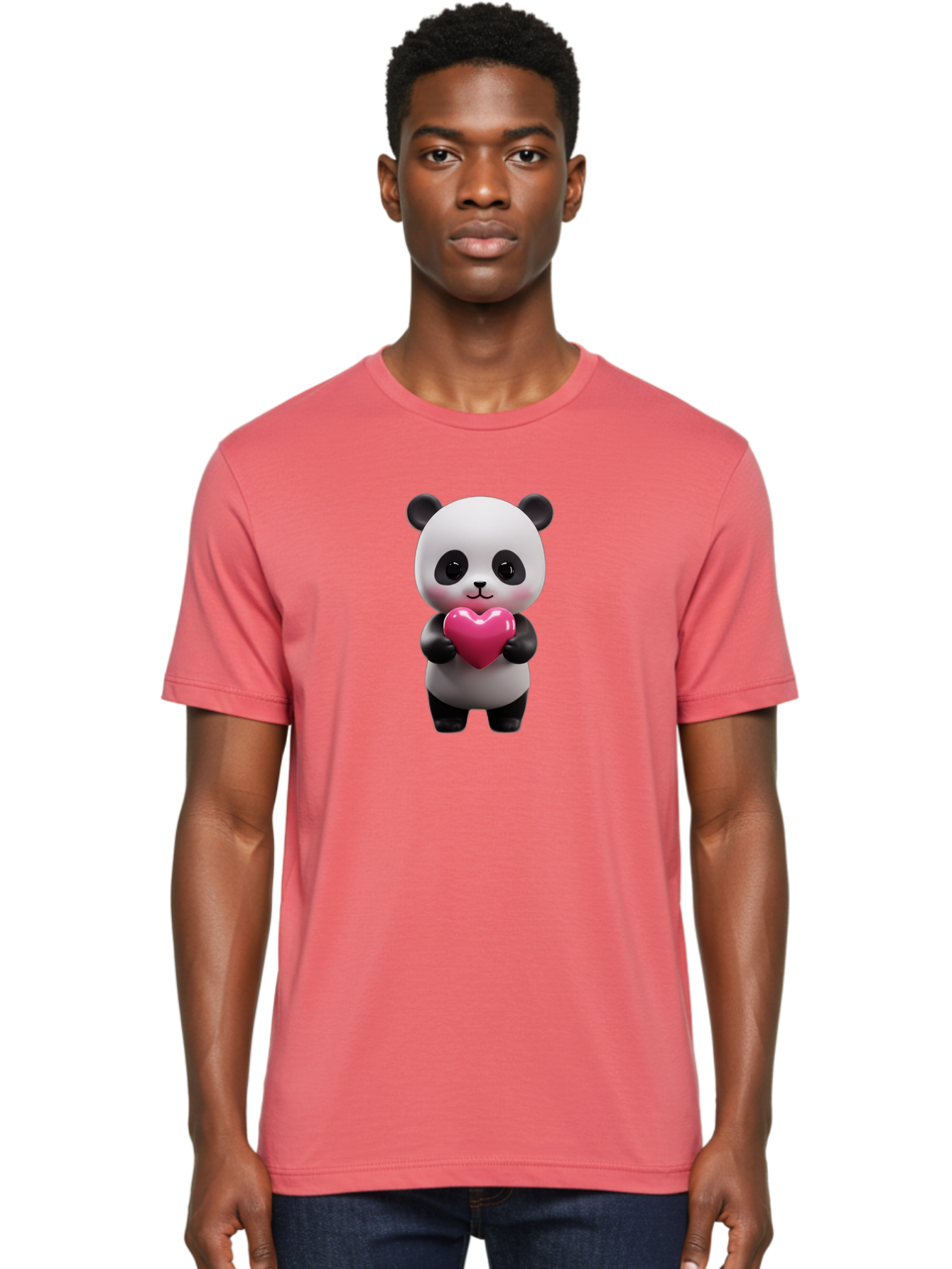 Panda-Holding-Heart-3 Men'S Graphic Tee, 100% Cotton, Comfortable Casual Summer Wear, Machine Washable, Cartoon Panda, Adorable Animal, Cute Bear, Heart Shape, Love Symbol, Pink Heart, 3D Rendering, Kawaii Character, Endearing Creature Bae594 25