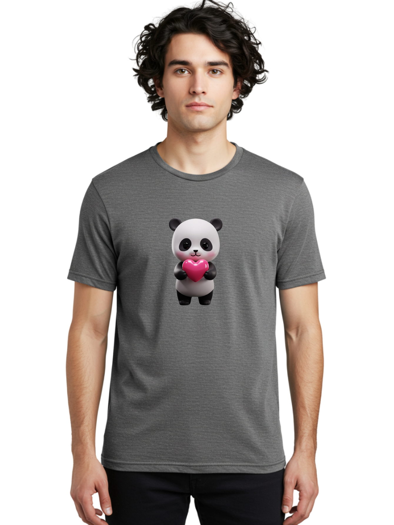 Panda-Holding-Heart-3 Men'S Graphic Tee, 100% Cotton, Comfortable Casual Summer Wear, Machine Washable, Cartoon Panda, Adorable Animal, Cute Bear, Heart Shape, Love Symbol, Pink Heart, 3D Rendering, Kawaii Character, Endearing Creature Bae594 18