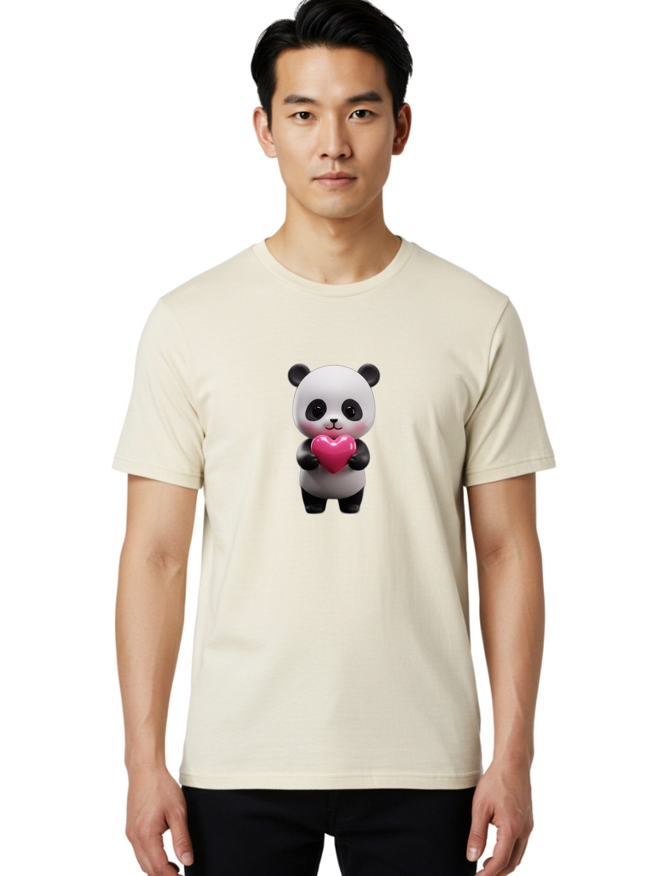 Panda-Holding-Heart-3 Men'S Graphic Tee, 100% Cotton, Comfortable Casual Summer Wear, Machine Washable, Cartoon Panda, Adorable Animal, Cute Bear, Heart Shape, Love Symbol, Pink Heart, 3D Rendering, Kawaii Character, Endearing Creature Bae594 19