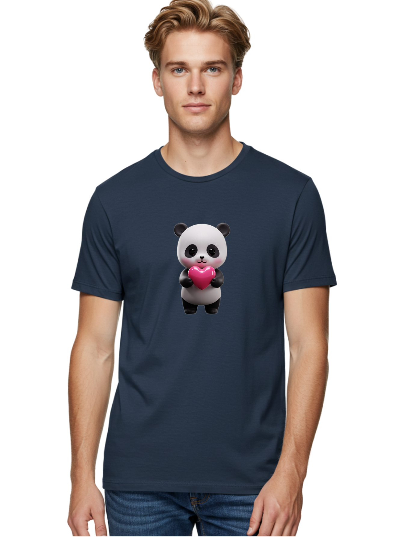 Panda-Holding-Heart-3 Men'S Graphic Tee, 100% Cotton, Comfortable Casual Summer Wear, Machine Washable, Cartoon Panda, Adorable Animal, Cute Bear, Heart Shape, Love Symbol, Pink Heart, 3D Rendering, Kawaii Character, Endearing Creature Bae594 22