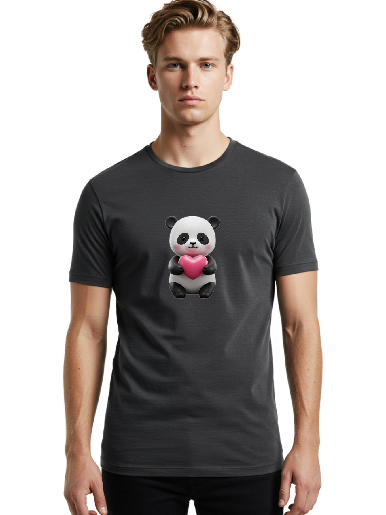 Panda-Holding-Heart-5 Men'S Graphic Tee, 100% Cotton, Comfortable Casual Summer Wear, Machine Washable, Cute Panda Bear, Adorable Cartoon Character, Pink Heart, Loving Gesture, Heartwarming Scene, Valentines Day, Love Symbol, Cartoon Graphics, Bae596 16