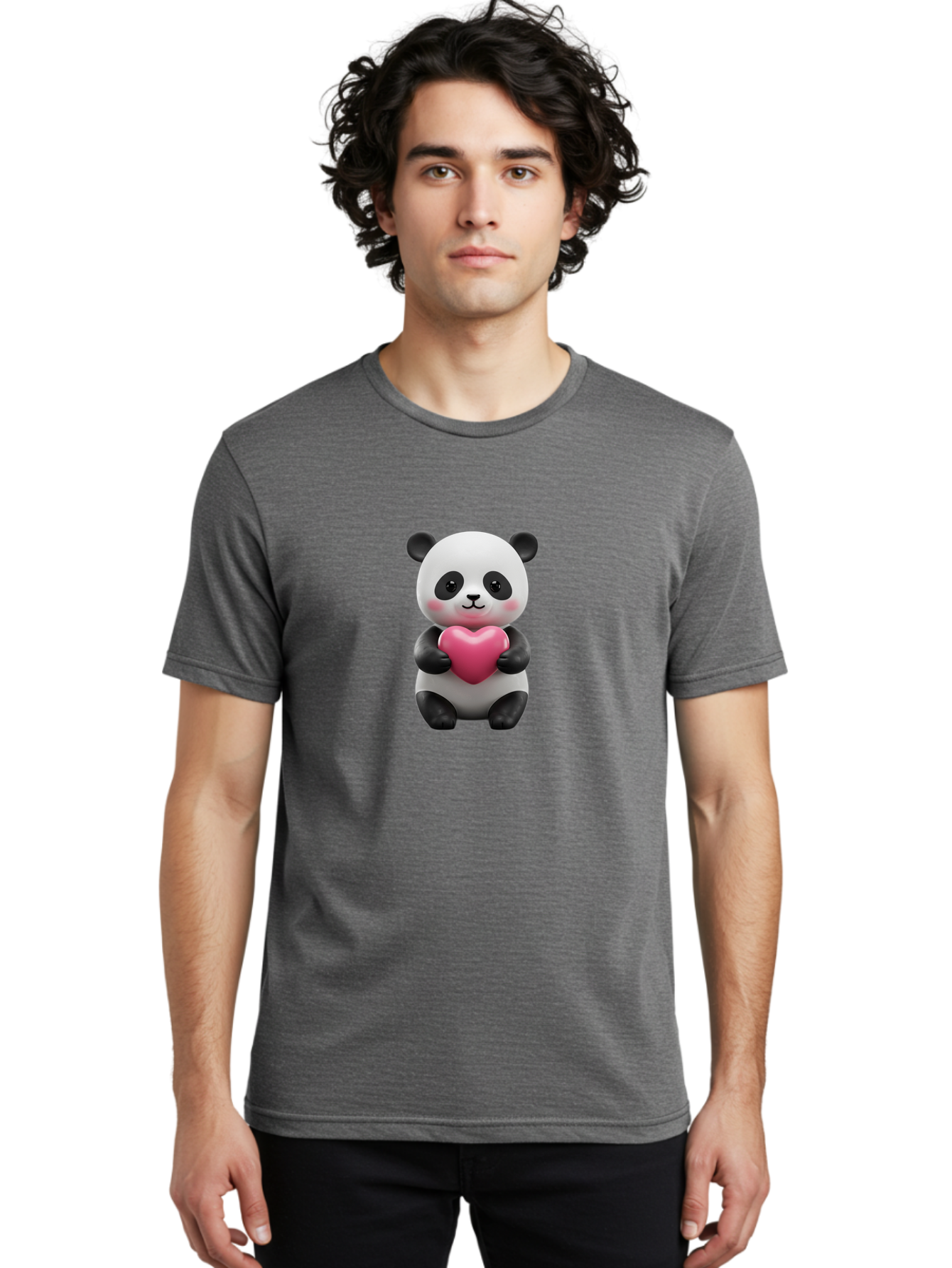Panda-Holding-Heart-5 Men'S Graphic Tee, 100% Cotton, Comfortable Casual Summer Wear, Machine Washable, Cute Panda Bear, Adorable Cartoon Character, Pink Heart, Loving Gesture, Heartwarming Scene, Valentines Day, Love Symbol, Cartoon Graphics, Bae596 17