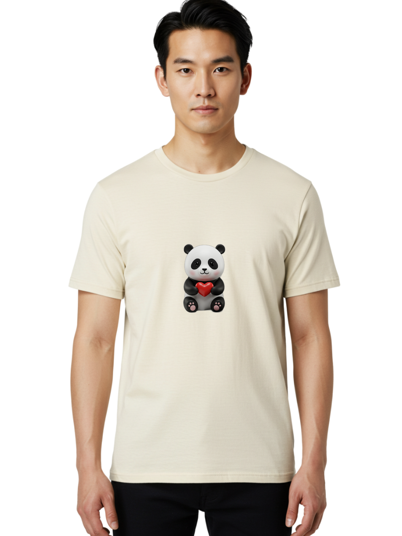 Panda-Holding-Heart-6 Men'S Graphic Tee, 100% Cotton, Comfortable Casual Summer Wear, Machine Washable, Panda Bear, Cartoon Character, Red Heart, Cute Animal, Adorable Creature, Love Symbol, Black And White Panda, 3D Illustration, Kawaii Art, Bae597 24