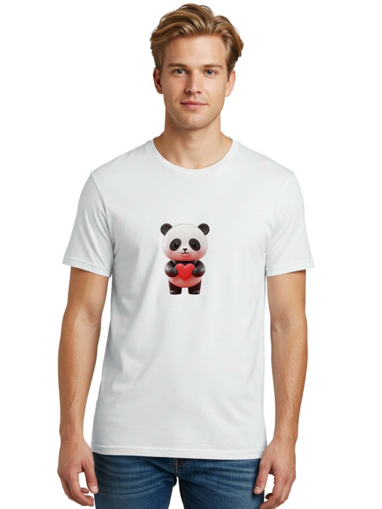 Panda-Holding-Heart-7 Men'S Graphic Tee, 100% Cotton, Comfortable Casual Summer Wear, Machine Washable, Cartoon Panda, Cute Bear, Red Heart, Love Symbol, Adorable Character, 3D Illustration, Kawaii Animal, Heartwarming Scene, Sweet Expression, Bae598 21