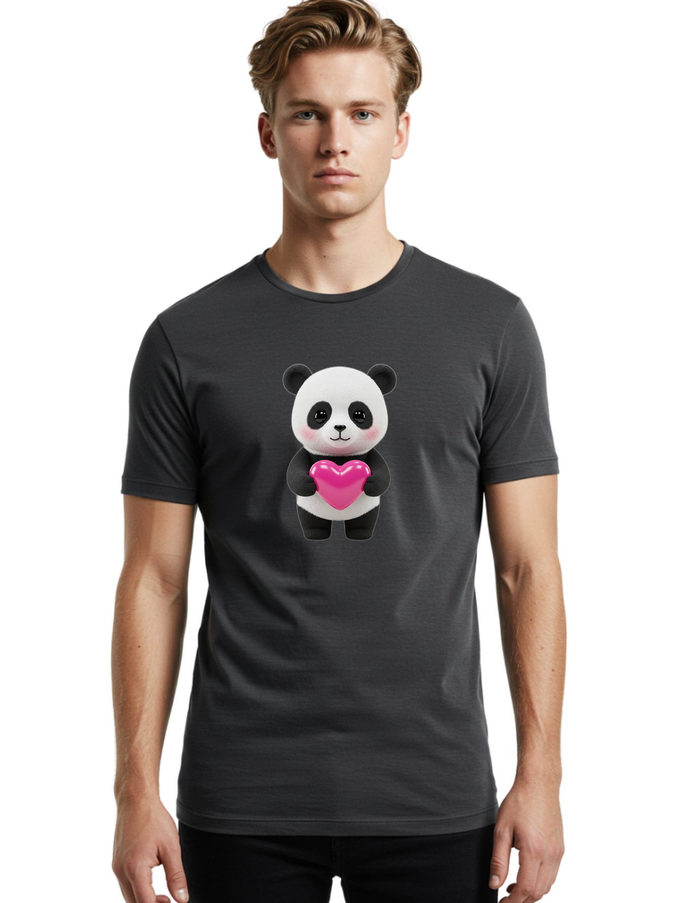 Panda-Holding-Heart Men'S Graphic Tee, 100% Cotton, Comfortable Casual Summer Wear, Machine Washable, Cute Panda, Adorable Cartoon Character, Pink Heart, Love Symbol, Endearing Expression, Plush Toy, Kawaii Animal, Heartwarming Scene, Bae599 23