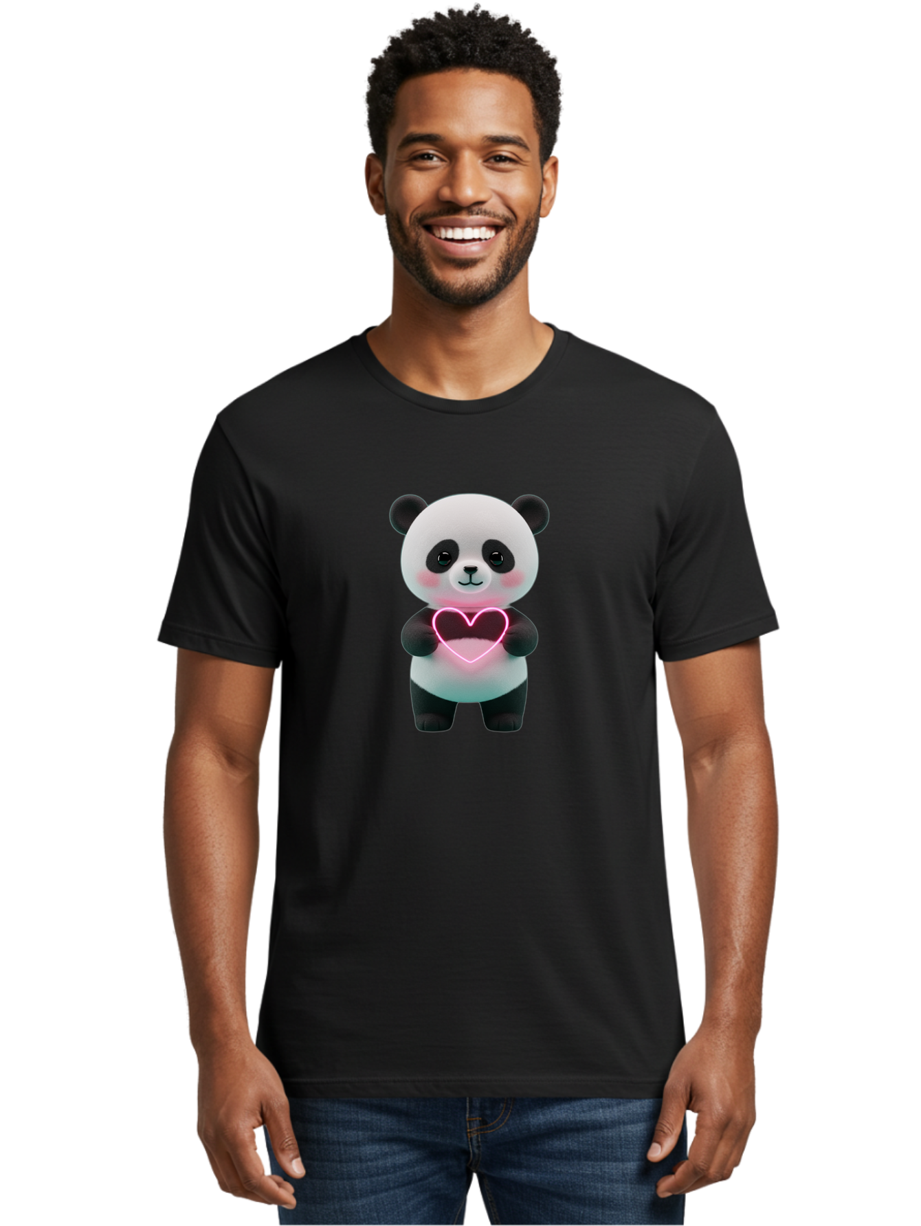 Panda-Holding-Neon-Heart Men'S Graphic Tee, 100% Cotton, Comfortable Casual Summer Wear, Machine Washable, Cute Panda, Heart Symbol, Love Gesture, Neon Heart, Adorable Animal, Cartoon Character, Pink Glow, Sweet Expression, 3D Illustration, Bae600 22