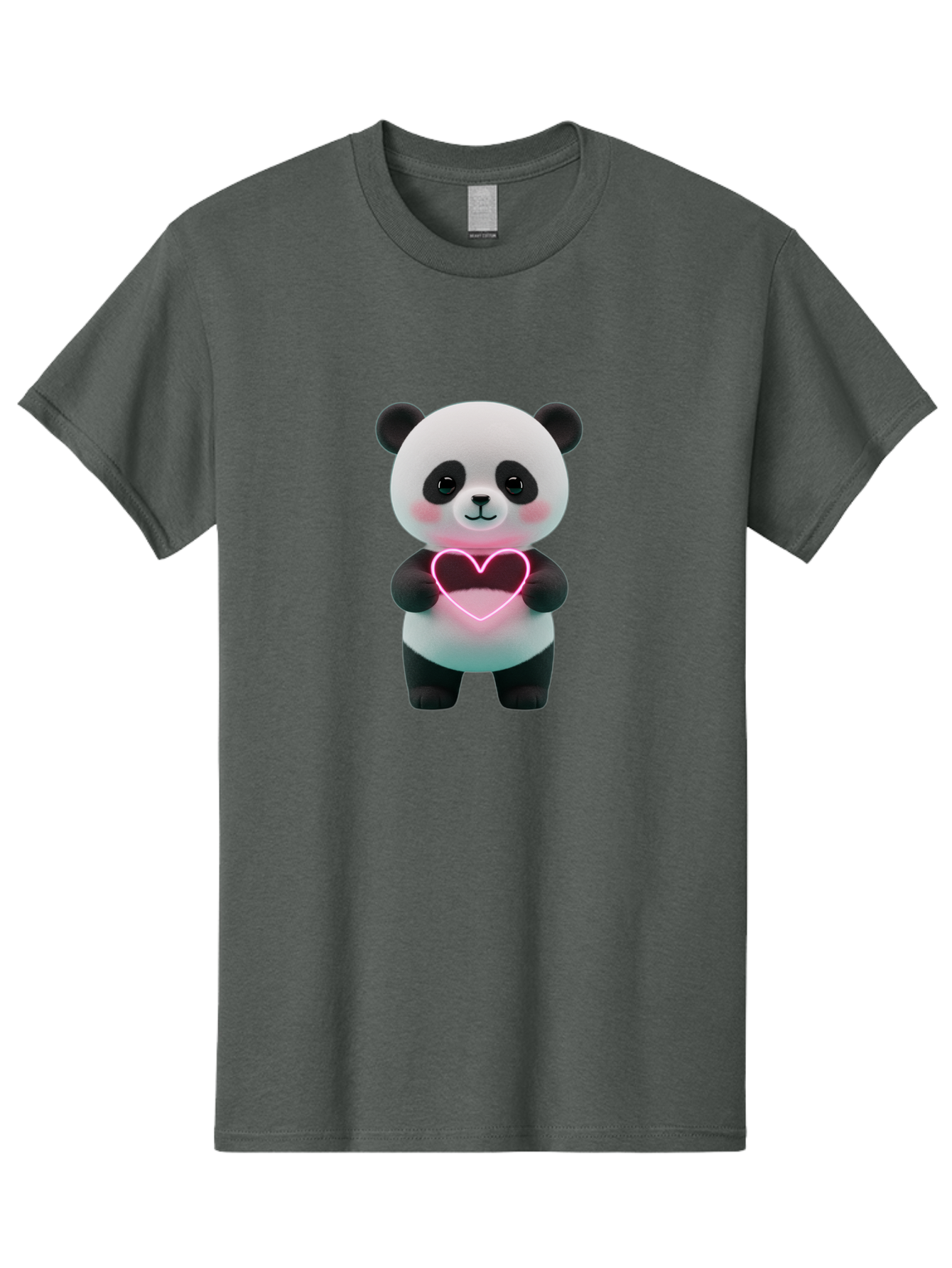 Panda-Holding-Neon-Heart Men'S Graphic Tee, 100% Cotton, Comfortable Casual Summer Wear, Machine Washable, Cute Panda, Heart Symbol, Love Gesture, Neon Heart, Adorable Animal, Cartoon Character, Pink Glow, Sweet Expression, 3D Illustration, Bae600 3