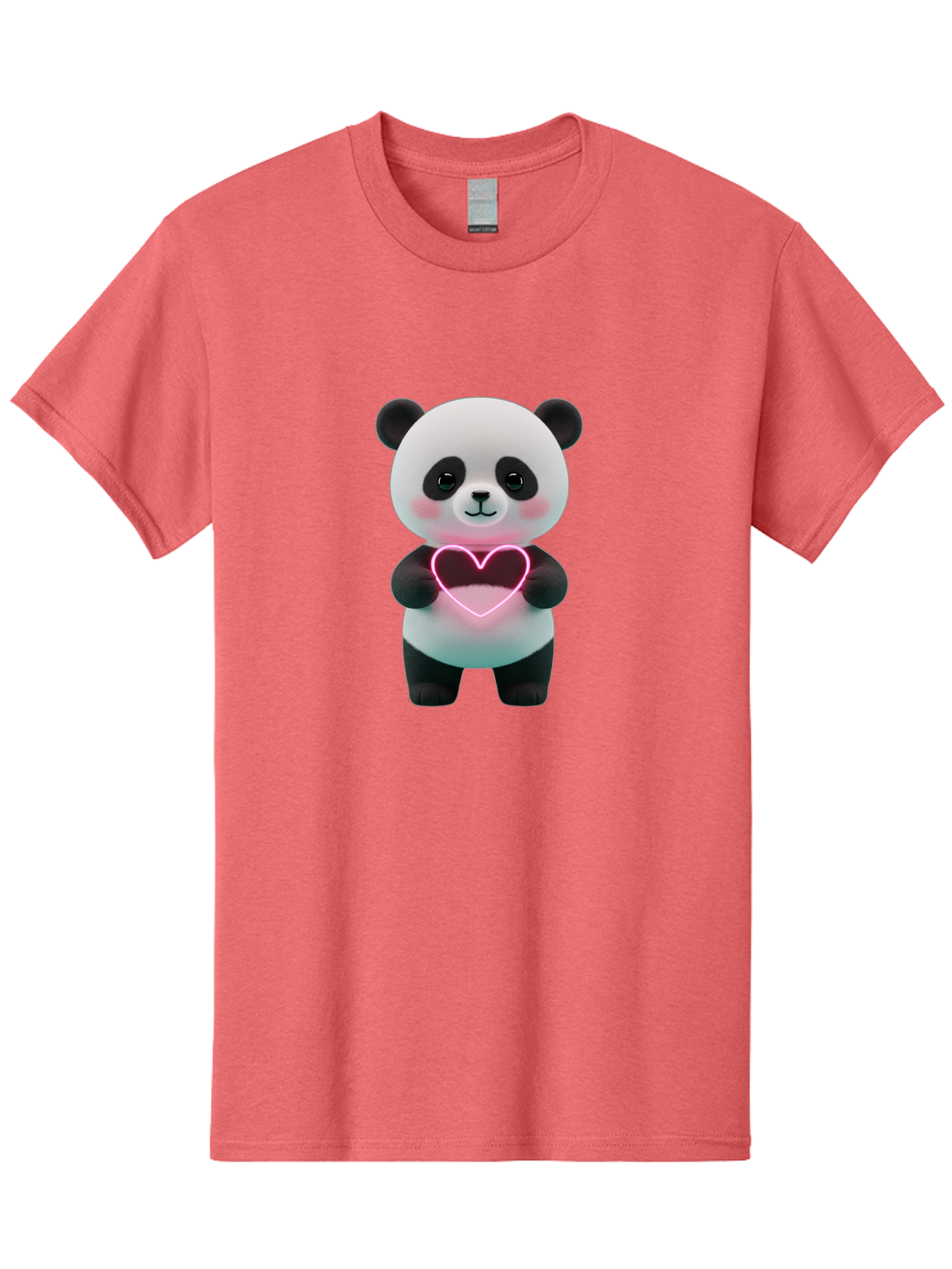 Panda-Holding-Neon-Heart Men'S Graphic Tee, 100% Cotton, Comfortable Casual Summer Wear, Machine Washable, Cute Panda, Heart Symbol, Love Gesture, Neon Heart, Adorable Animal, Cartoon Character, Pink Glow, Sweet Expression, 3D Illustration, Bae600 14