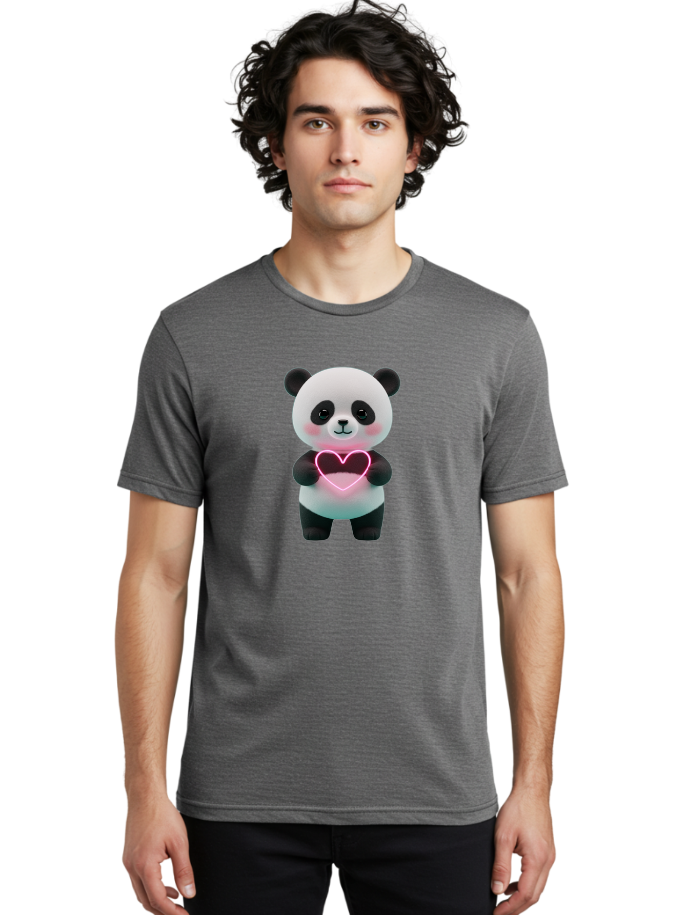 Panda-Holding-Neon-Heart Men'S Graphic Tee, 100% Cotton, Comfortable Casual Summer Wear, Machine Washable, Cute Panda, Heart Symbol, Love Gesture, Neon Heart, Adorable Animal, Cartoon Character, Pink Glow, Sweet Expression, 3D Illustration, Bae600 25