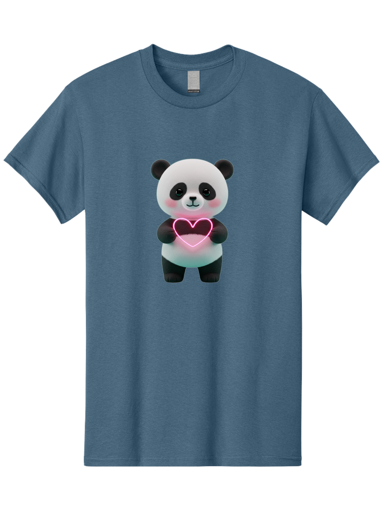 Panda-Holding-Neon-Heart Men'S Graphic Tee, 100% Cotton, Comfortable Casual Summer Wear, Machine Washable, Cute Panda, Heart Symbol, Love Gesture, Neon Heart, Adorable Animal, Cartoon Character, Pink Glow, Sweet Expression, 3D Illustration, Bae600 2