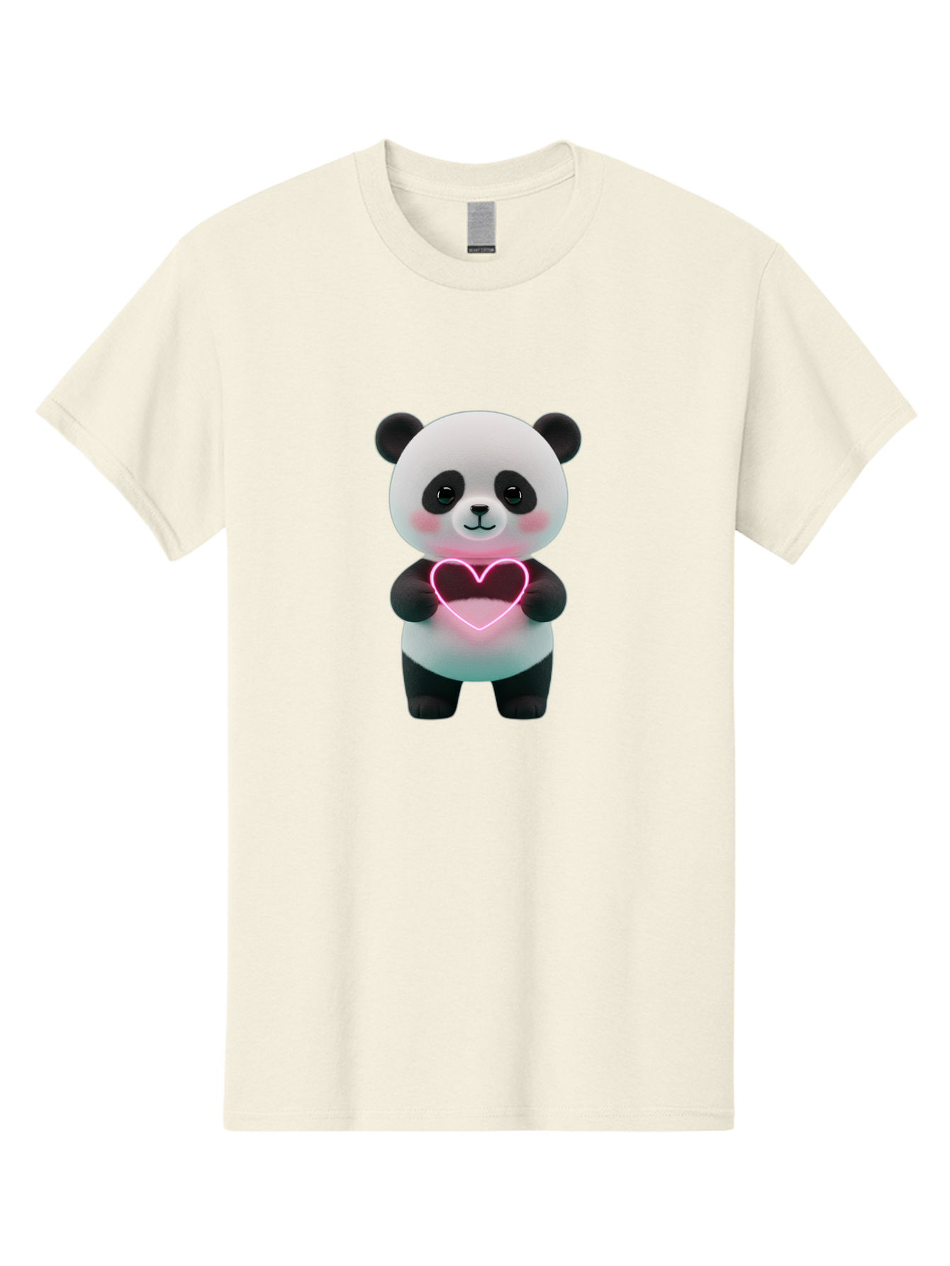 Panda-Holding-Neon-Heart Men'S Graphic Tee, 100% Cotton, Comfortable Casual Summer Wear, Machine Washable, Cute Panda, Heart Symbol, Love Gesture, Neon Heart, Adorable Animal, Cartoon Character, Pink Glow, Sweet Expression, 3D Illustration, Bae600 1