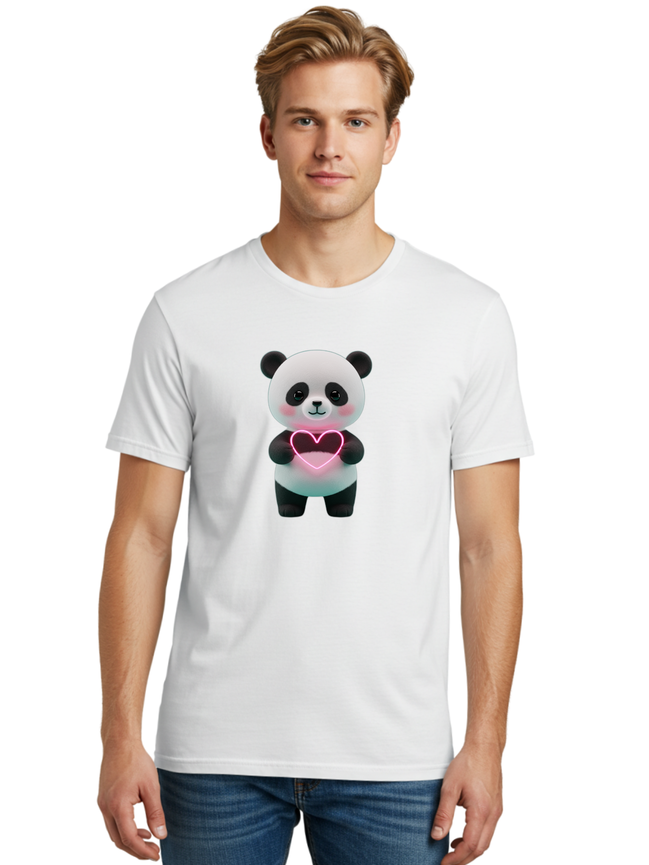 Panda-Holding-Neon-Heart Men'S Graphic Tee, 100% Cotton, Comfortable Casual Summer Wear, Machine Washable, Cute Panda, Heart Symbol, Love Gesture, Neon Heart, Adorable Animal, Cartoon Character, Pink Glow, Sweet Expression, 3D Illustration, Bae600 28