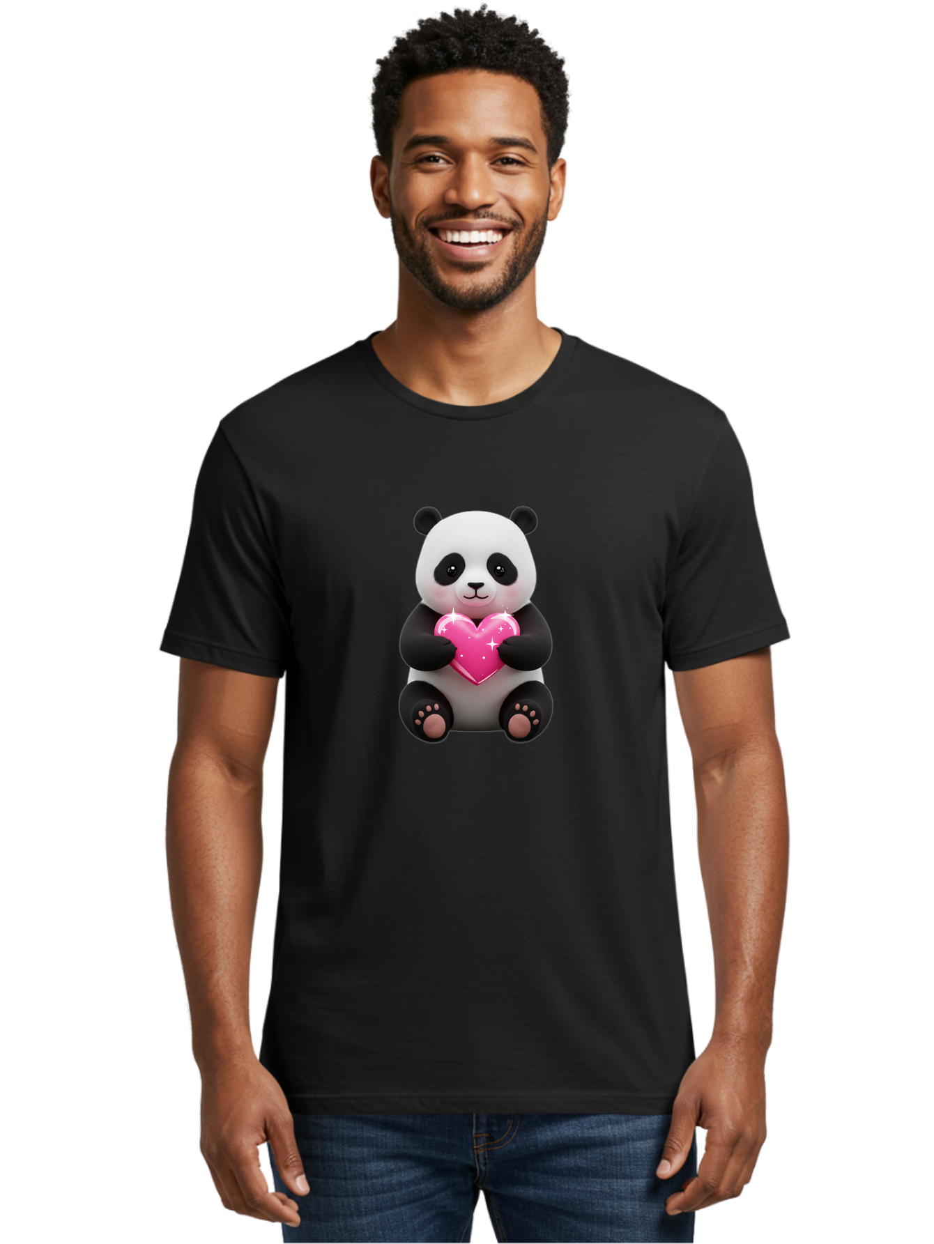 Panda-Holding-Pink-Heart Men'S Graphic Tee, 100% Cotton, Comfortable Casual Summer Wear, Machine Washable, Cute Panda Bear, Holding Pink Heart, Adorable Cartoon Character, Sweet Love Symbol, Sparkly Heart, Soft Paws, Endearing Expression, Bae601 29