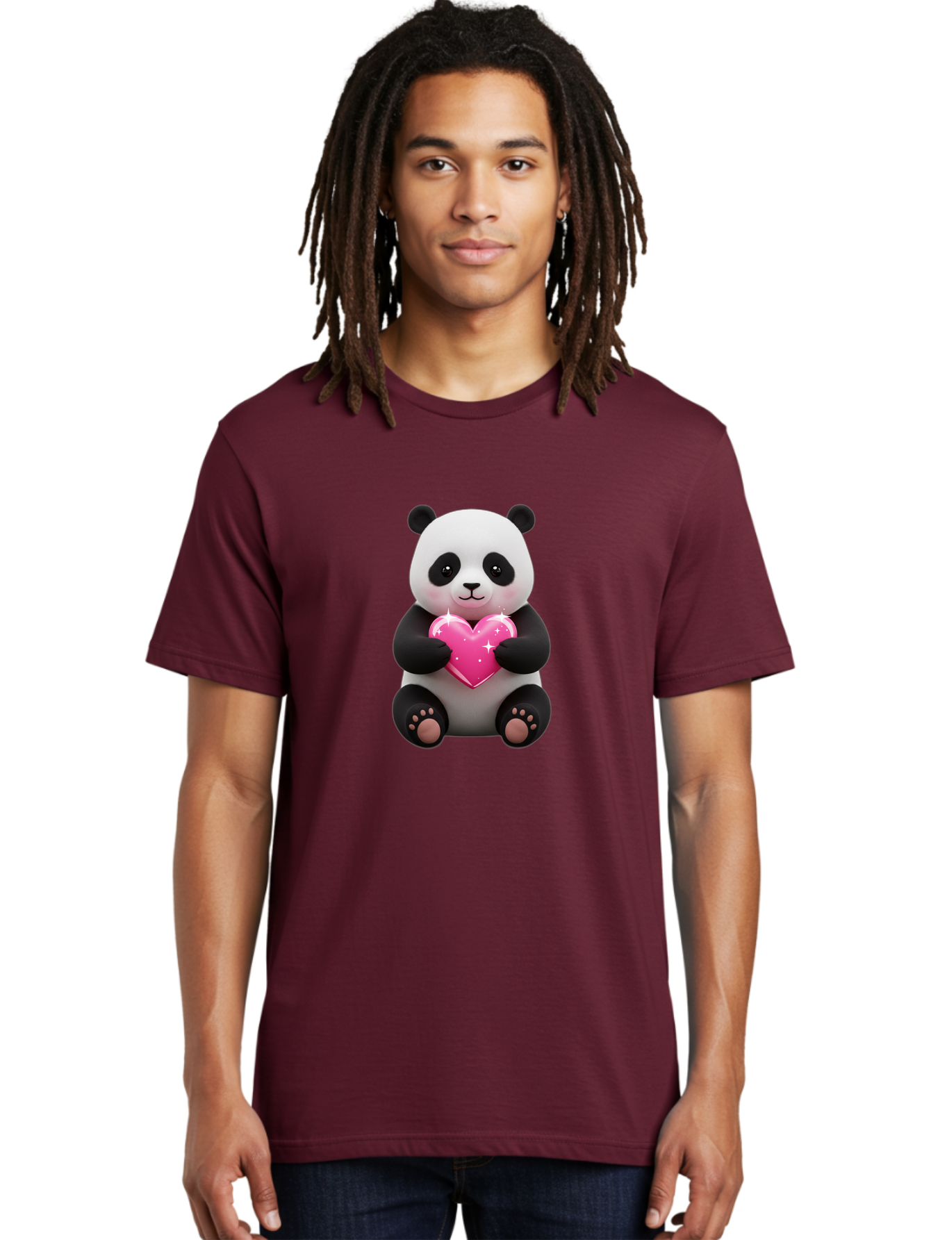 Panda-Holding-Pink-Heart Men'S Graphic Tee, 100% Cotton, Comfortable Casual Summer Wear, Machine Washable, Cute Panda Bear, Holding Pink Heart, Adorable Cartoon Character, Sweet Love Symbol, Sparkly Heart, Soft Paws, Endearing Expression, Bae601 28