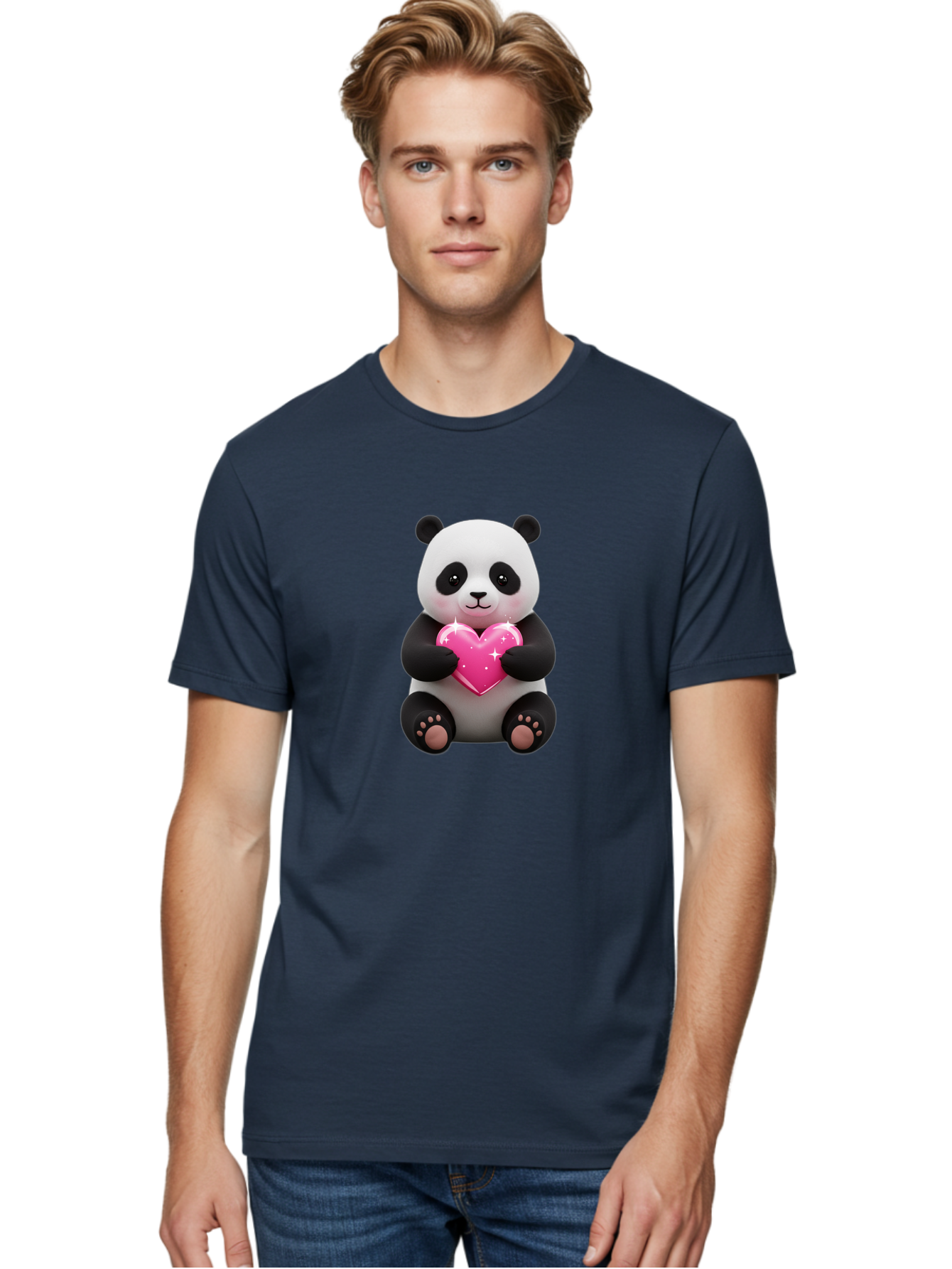 Panda-Holding-Pink-Heart Men'S Graphic Tee, 100% Cotton, Comfortable Casual Summer Wear, Machine Washable, Cute Panda Bear, Holding Pink Heart, Adorable Cartoon Character, Sweet Love Symbol, Sparkly Heart, Soft Paws, Endearing Expression, Bae601 20