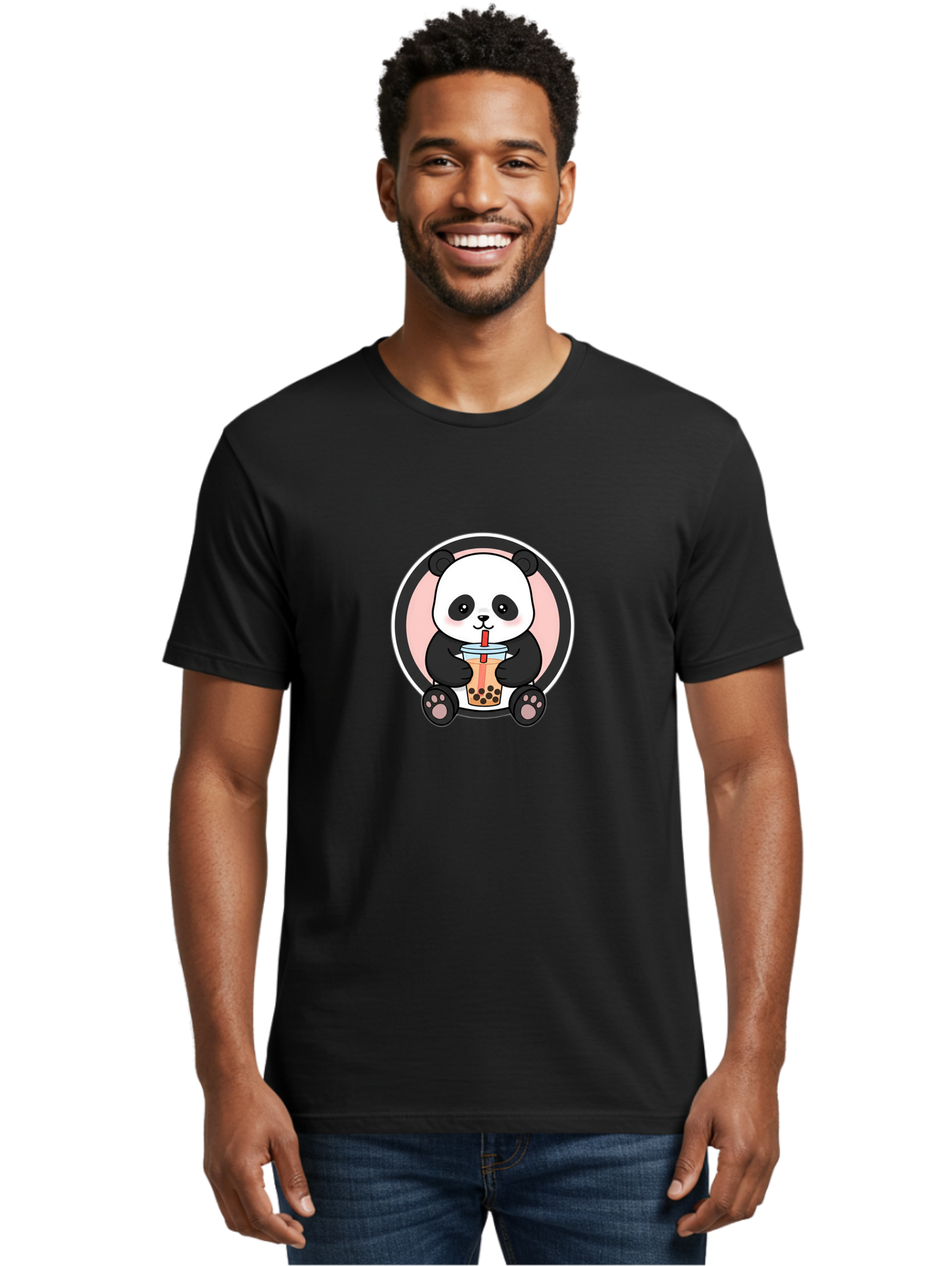 Panda-Sipping-Bubble-Tea Men'S Graphic Tee, 100% Cotton, Comfortable Casual Summer Wear, Machine Washable, Cartoon Panda, Dj Headphones, Bubble Tea, Milk Tea, Boba Drink, Kawaii Character, Cute Animal, Fun Design, Playful Illustration, Bae605 23