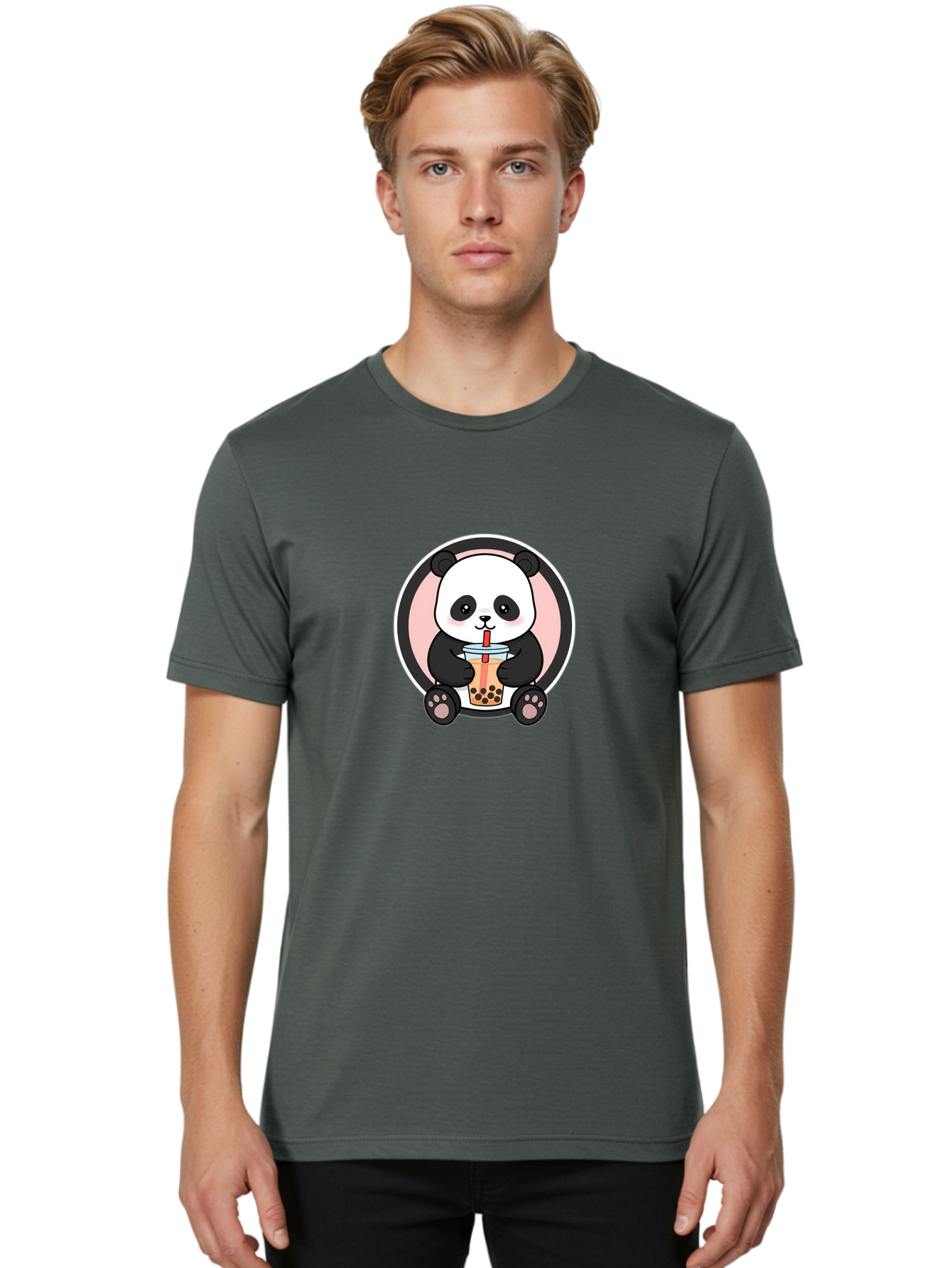 Panda-Sipping-Bubble-Tea Men'S Graphic Tee, 100% Cotton, Comfortable Casual Summer Wear, Machine Washable, Cartoon Panda, Dj Headphones, Bubble Tea, Milk Tea, Boba Drink, Kawaii Character, Cute Animal, Fun Design, Playful Illustration, Bae605 25