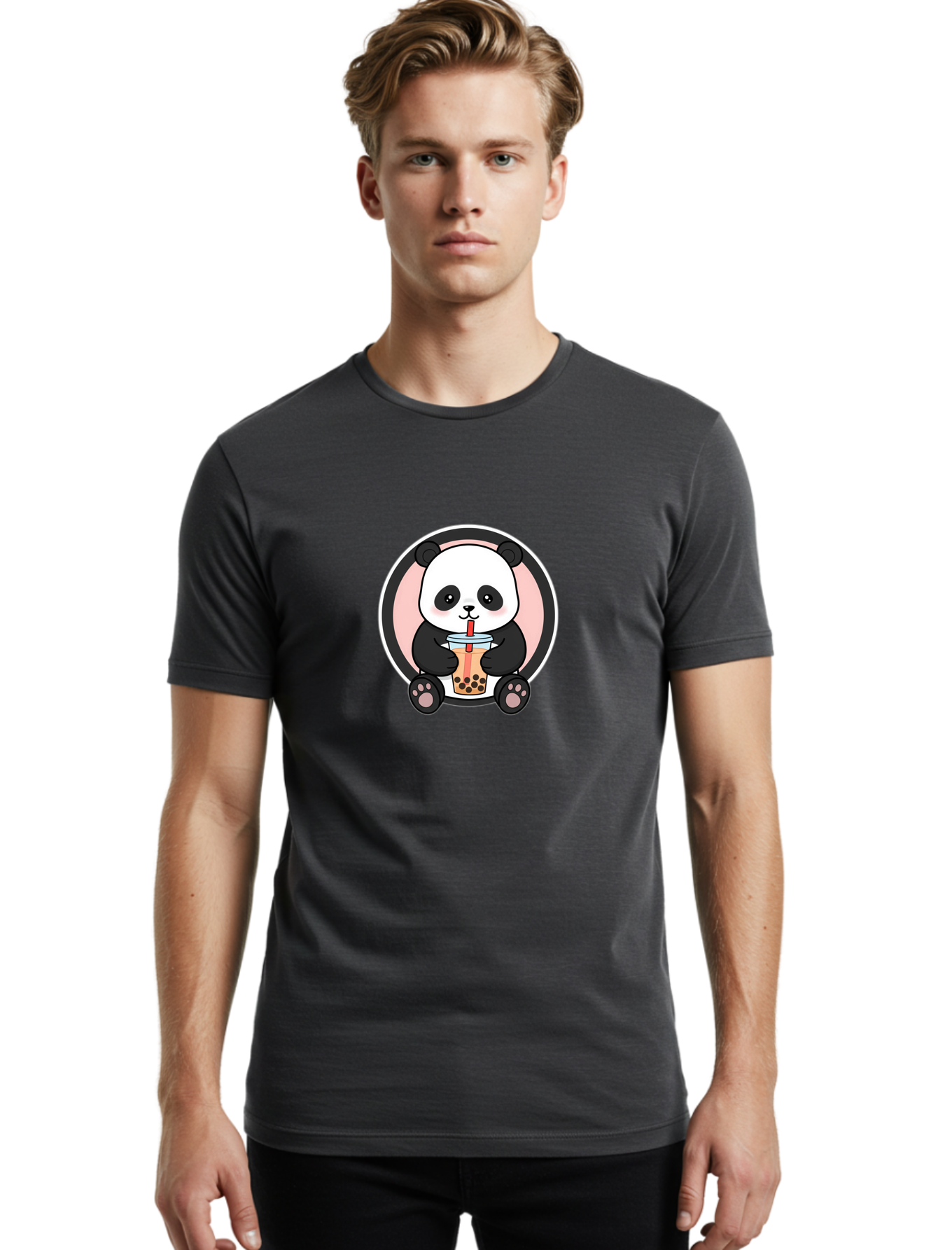 Panda-Sipping-Bubble-Tea Men'S Graphic Tee, 100% Cotton, Comfortable Casual Summer Wear, Machine Washable, Cartoon Panda, Dj Headphones, Bubble Tea, Milk Tea, Boba Drink, Kawaii Character, Cute Animal, Fun Design, Playful Illustration, Bae605 26