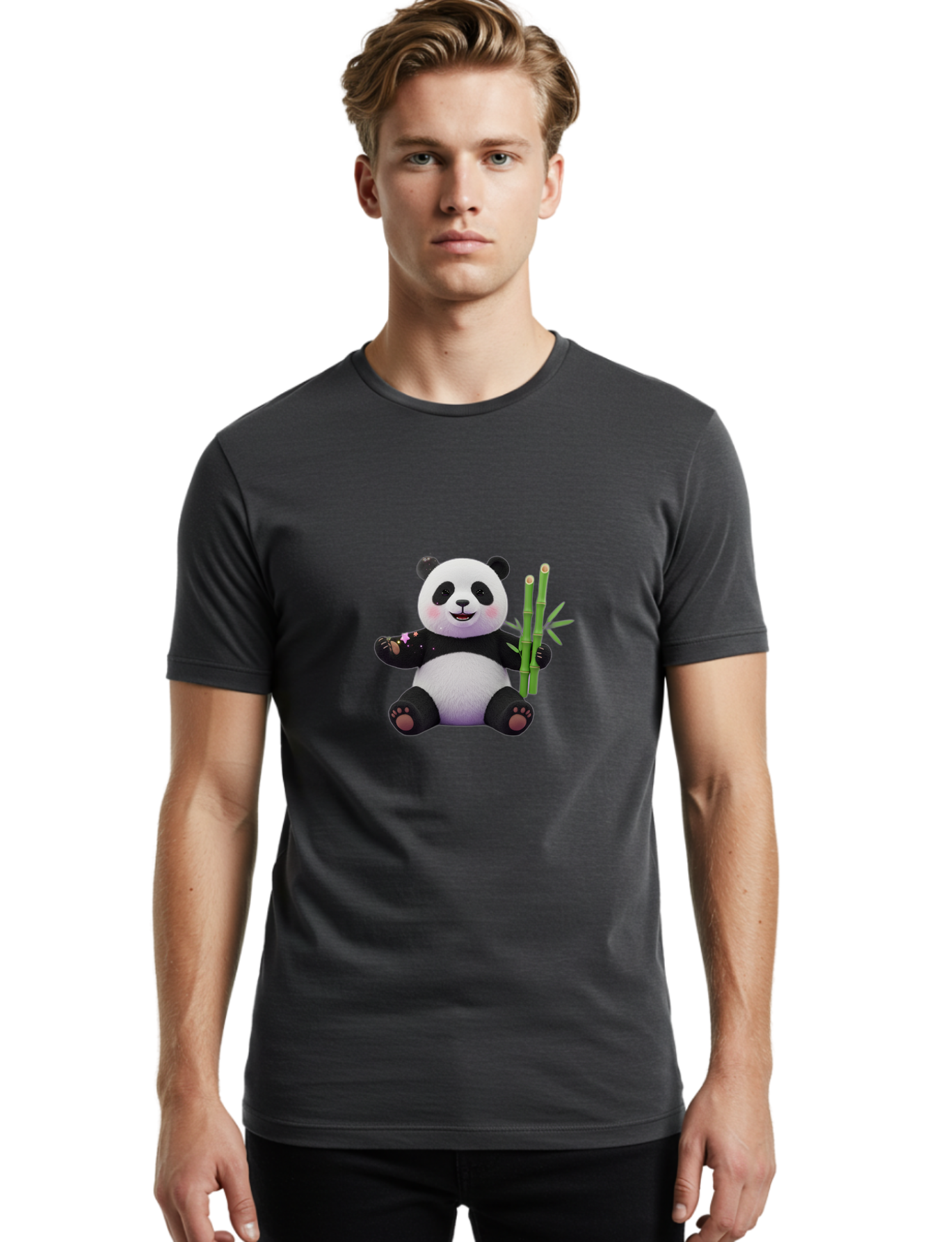 Panda-With-Bamboo-1 Men'S Graphic Tee, 100% Cotton, Comfortable Casual Summer Wear, Machine Washable, Cartoon Panda, Adorable Bear, Black And White Fur, Cute Expression, Bamboo Shoots, Sushi Roll, Funny Character, Playful Design, Kawaii Style Bae606 28