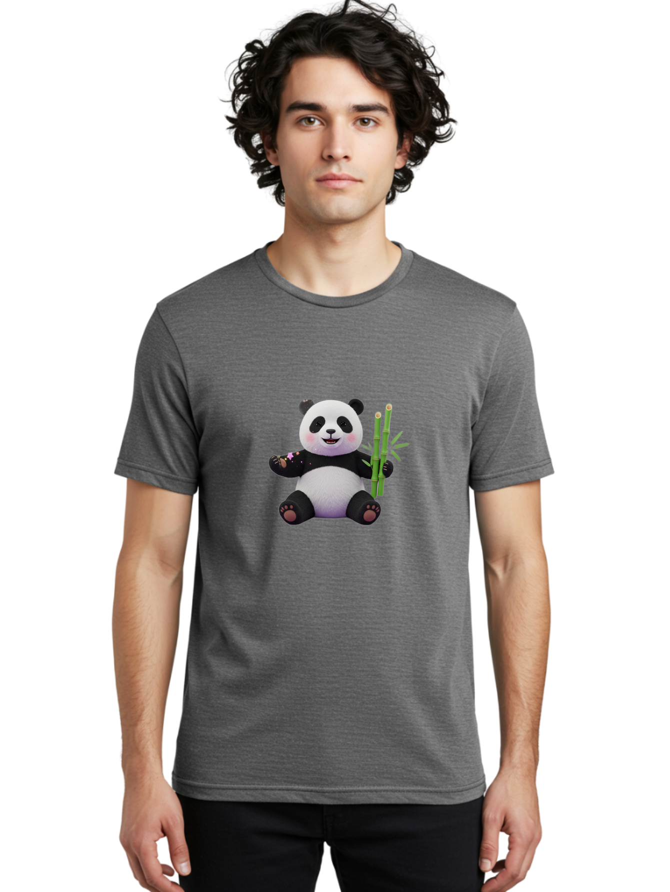 Panda-With-Bamboo-1 Men'S Graphic Tee, 100% Cotton, Comfortable Casual Summer Wear, Machine Washable, Cartoon Panda, Adorable Bear, Black And White Fur, Cute Expression, Bamboo Shoots, Sushi Roll, Funny Character, Playful Design, Kawaii Style Bae606 23